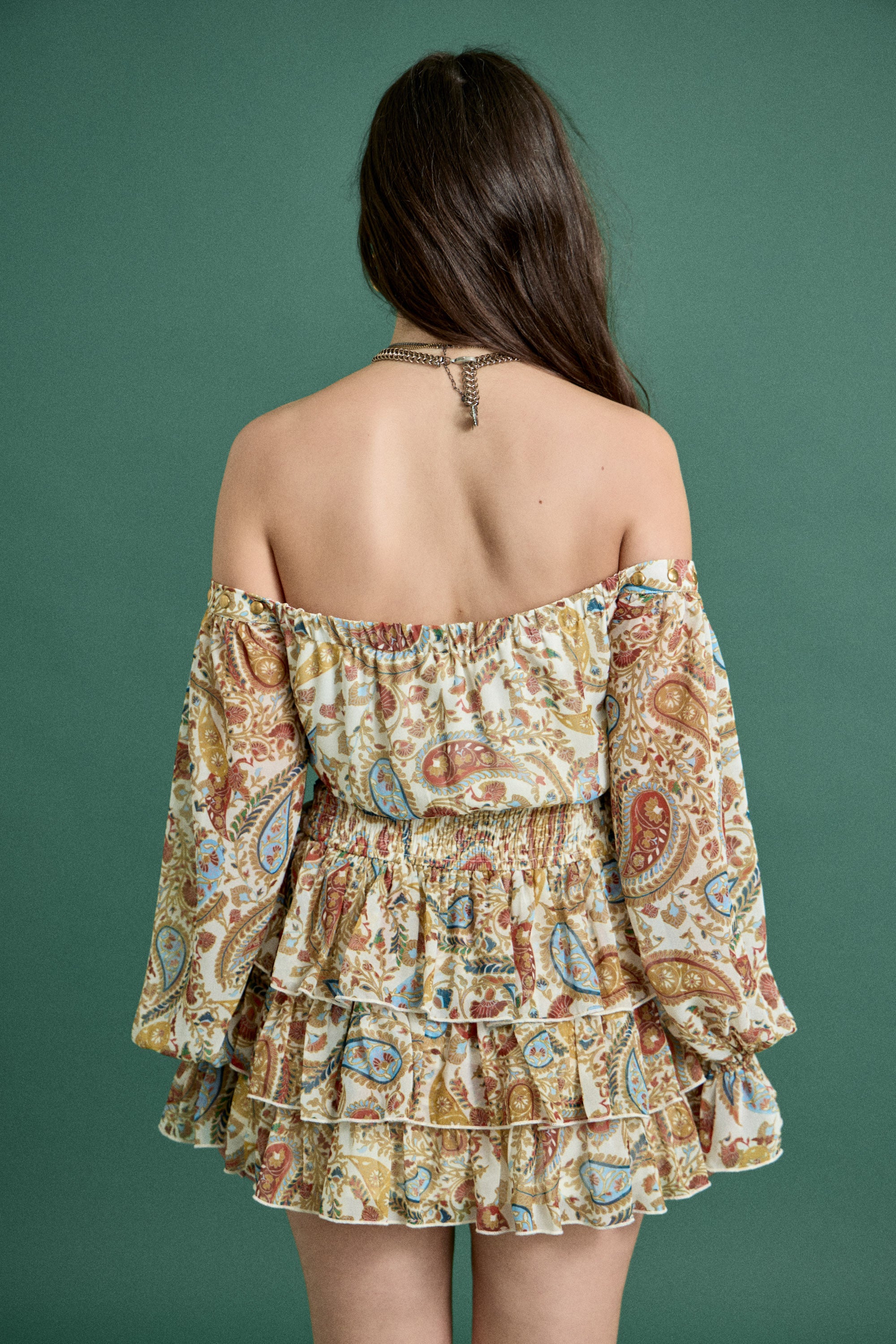 Fall Paisley Off-Shoulder Ruffle Mini Dress