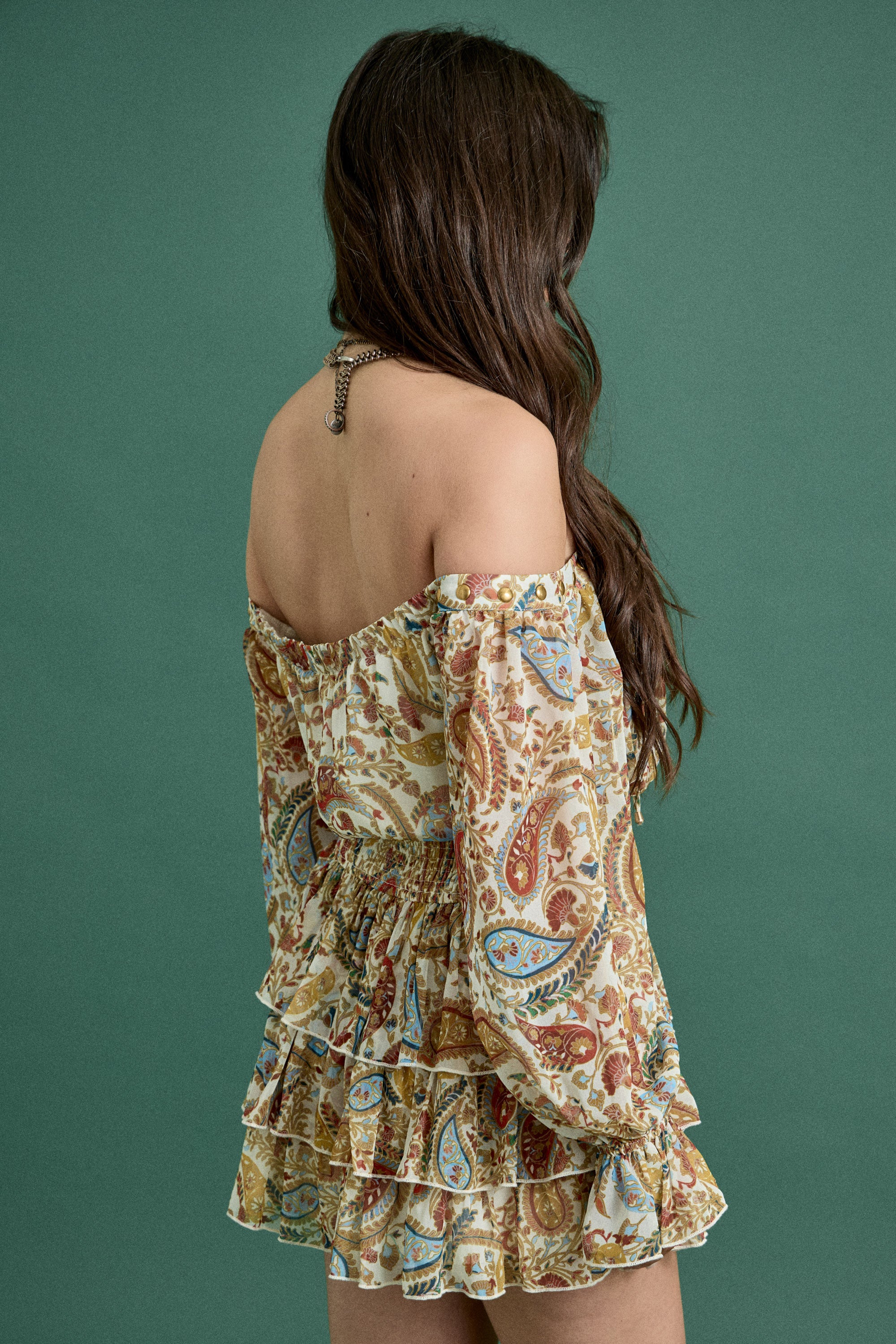 Fall Paisley Off-Shoulder Ruffle Mini Dress