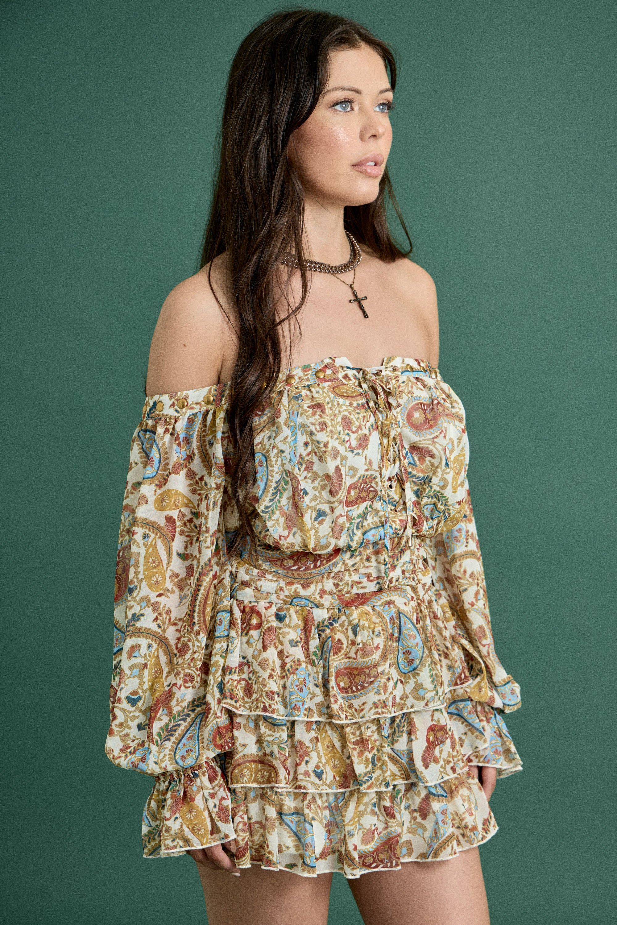 Fall Paisley Off-Shoulder Ruffle Mini Dress