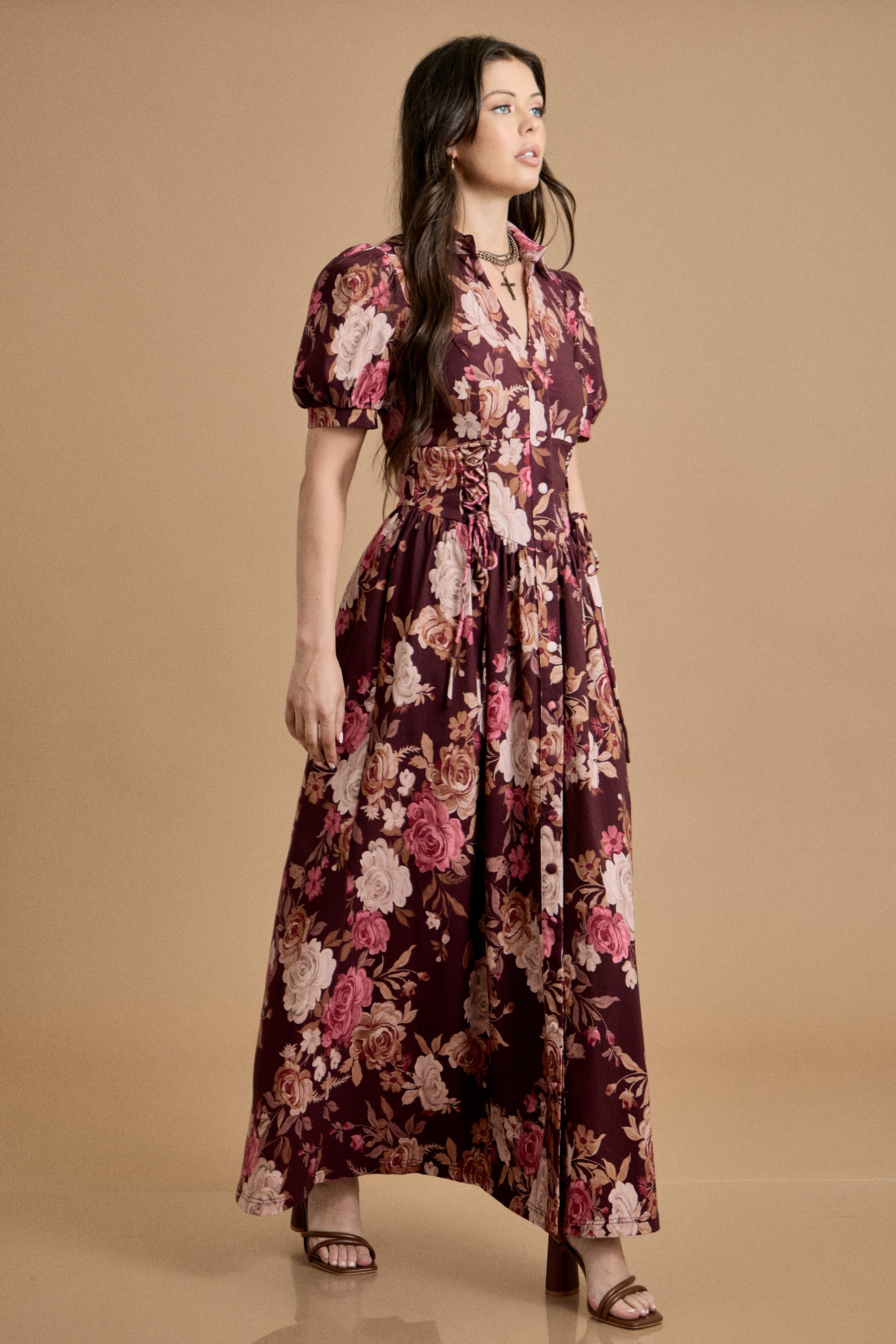 Fall Floral Puff-Sleeve Maxi Dress