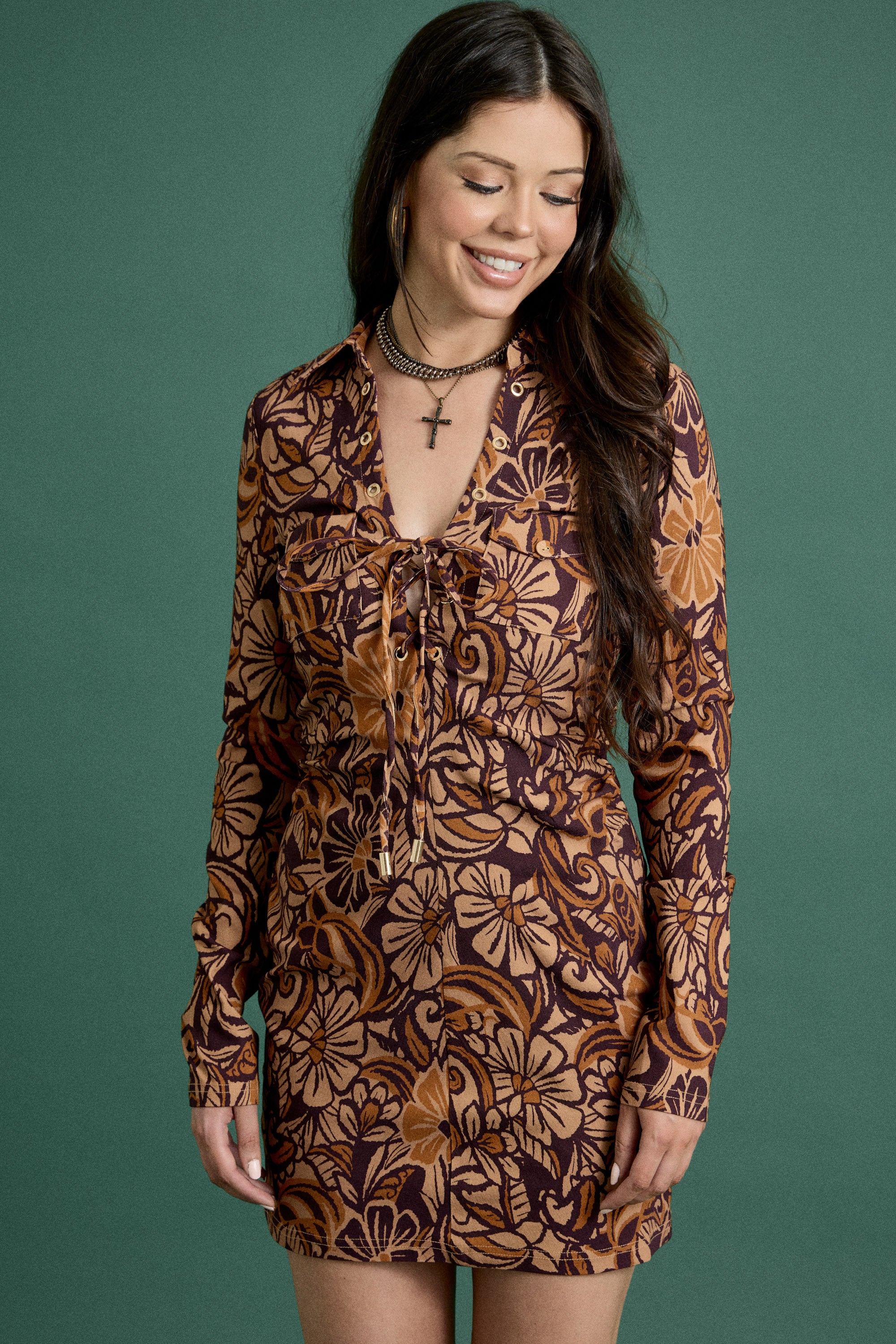 Fall Floral Lace-Up Mini Dress