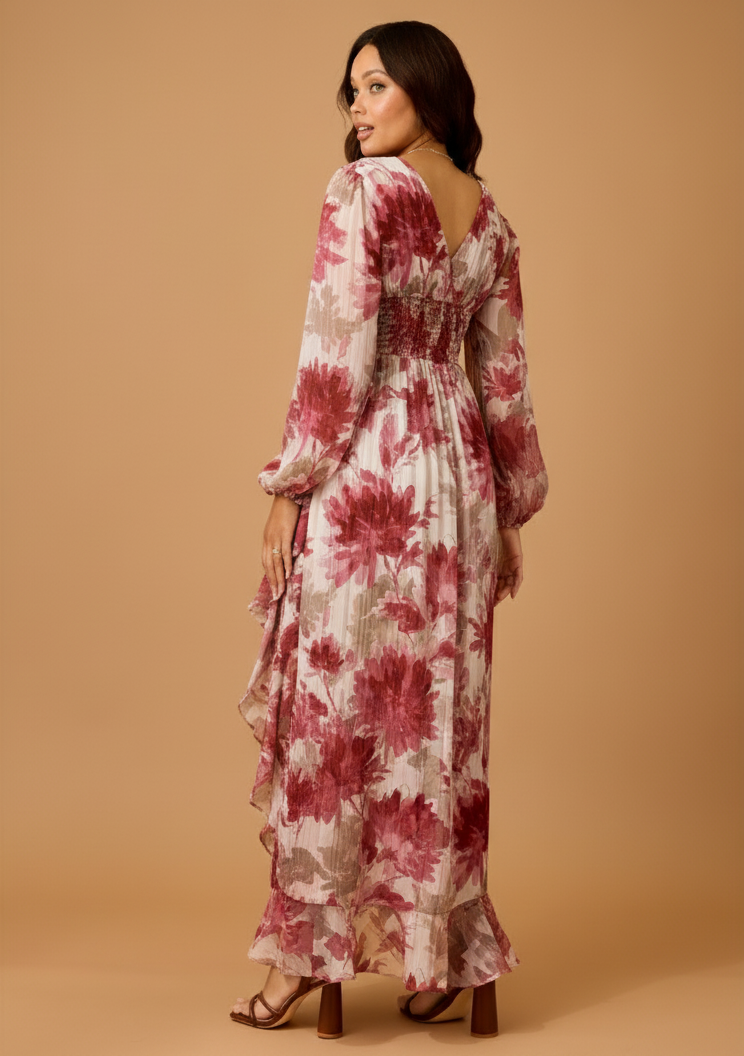 Spring Floral High Low Maxi Dress with Sheer Sleeves