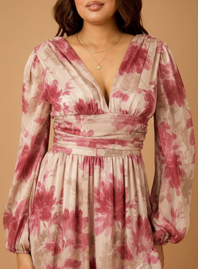 Spring Floral High Low Maxi Dress with Sheer Sleeves