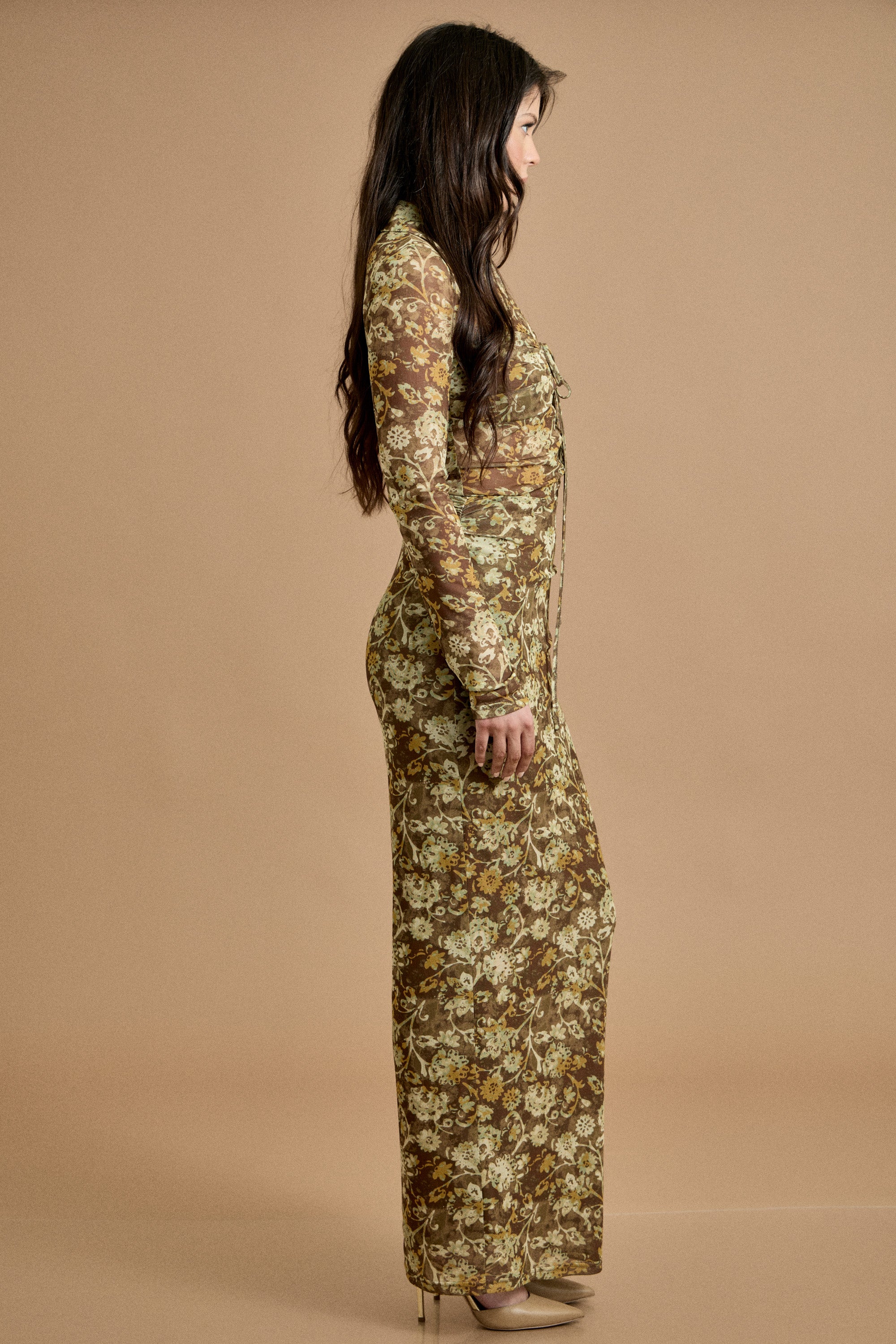 Fall Vintage Bloom Ruched Maxi Dress