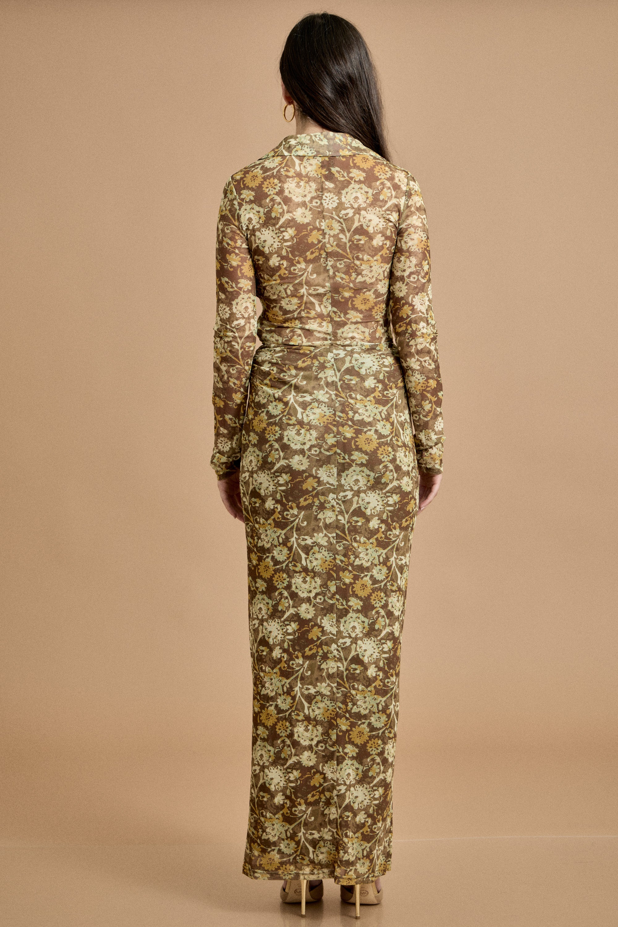 Fall Vintage Bloom Ruched Maxi Dress