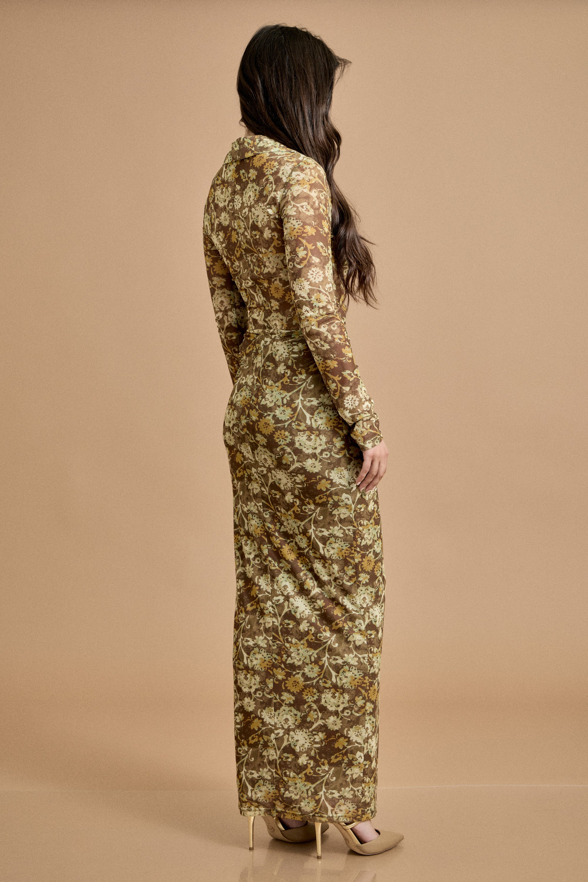 Fall Vintage Bloom Ruched Maxi Dress