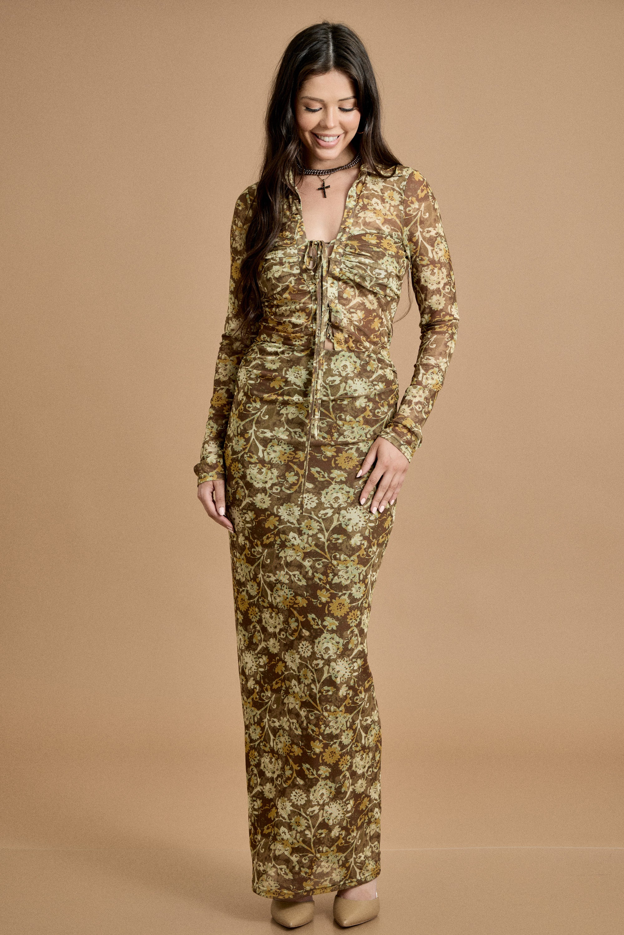 Fall Vintage Bloom Ruched Maxi Dress