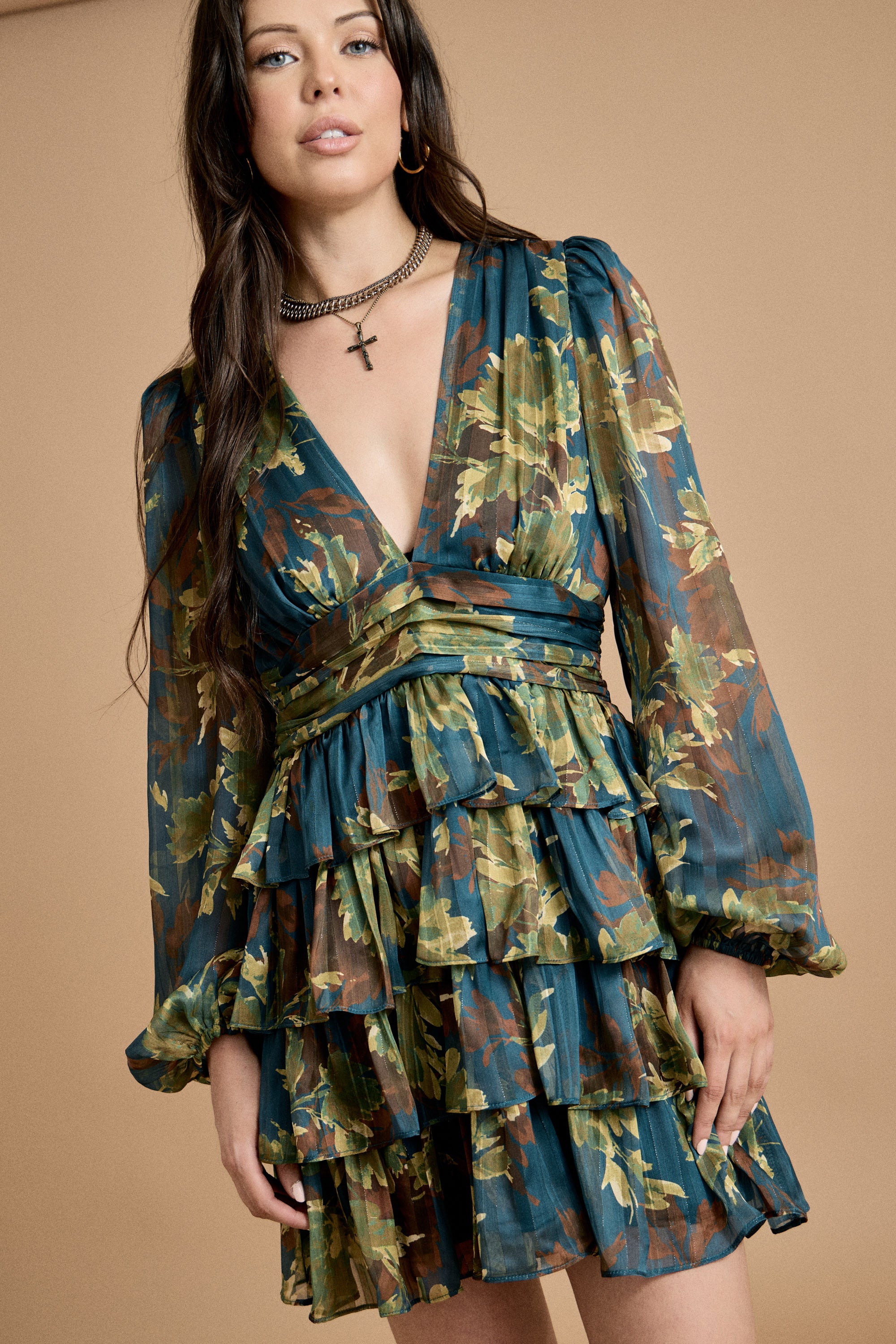Fall Deep V-Neck Ruffled Mini Dress