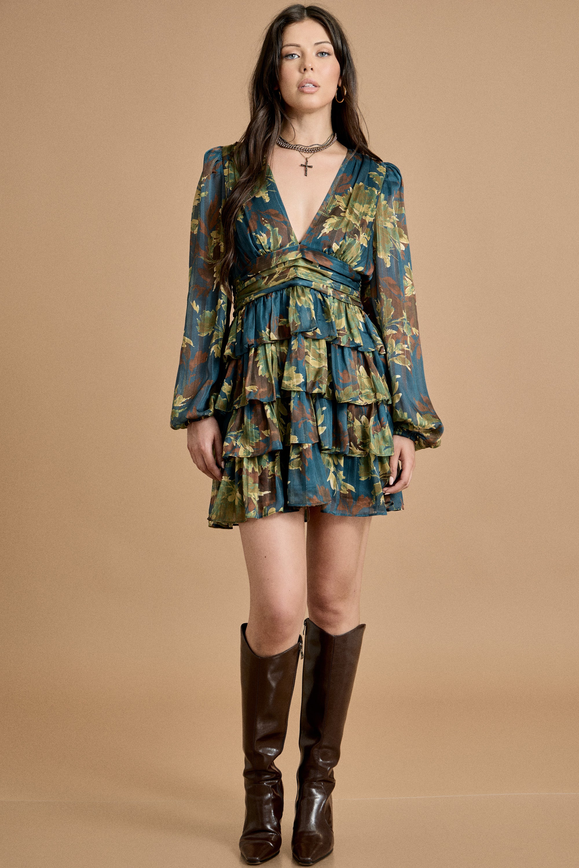 Fall Deep V-Neck Ruffled Mini Dress