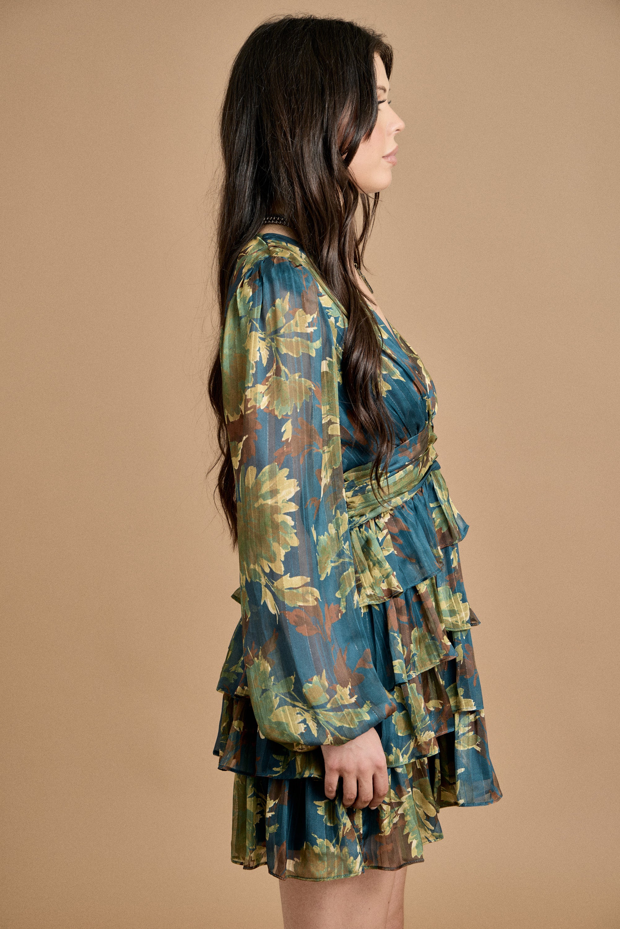 Fall Deep V-Neck Ruffled Mini Dress