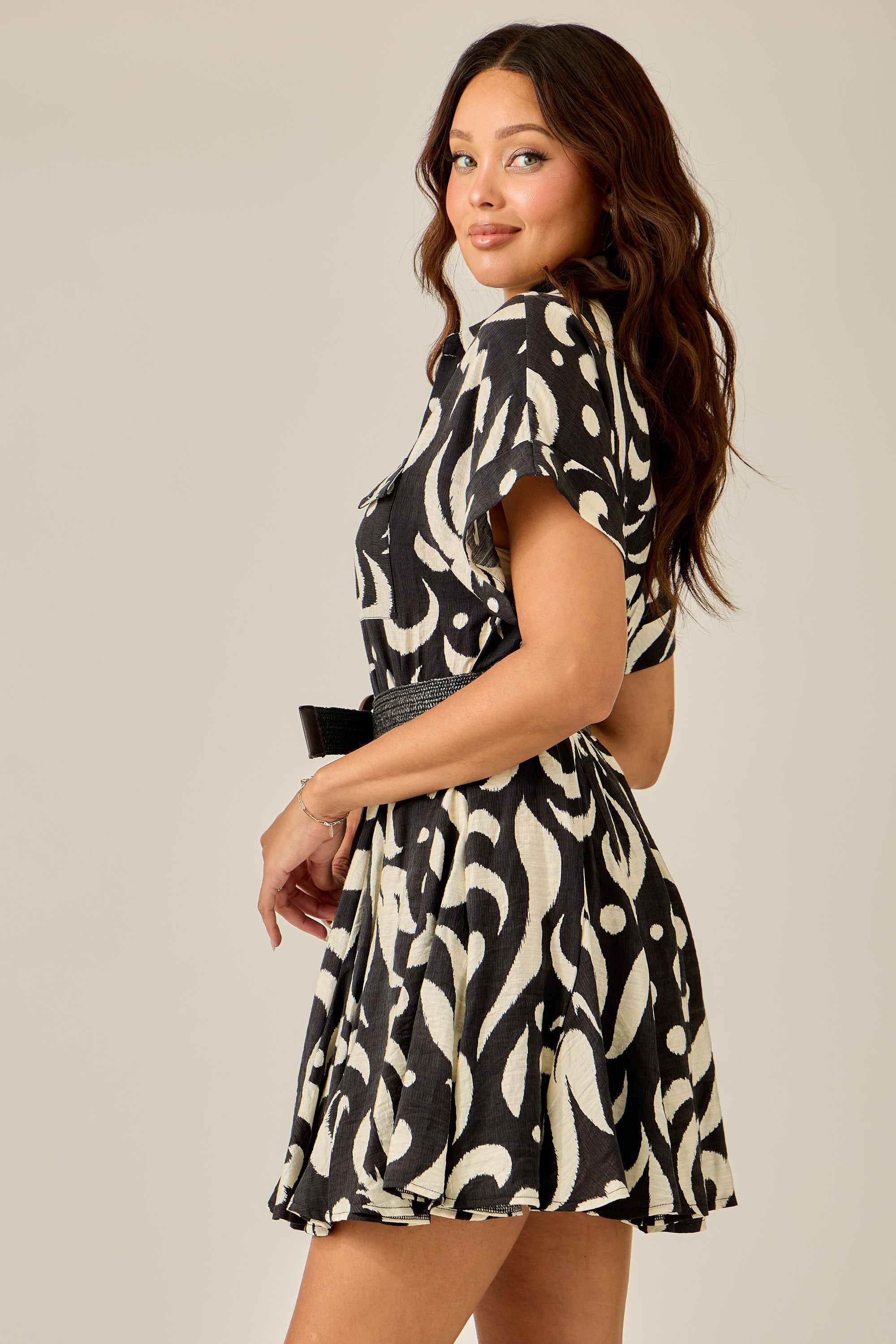 Fall Belted Abstract Shirt Dress