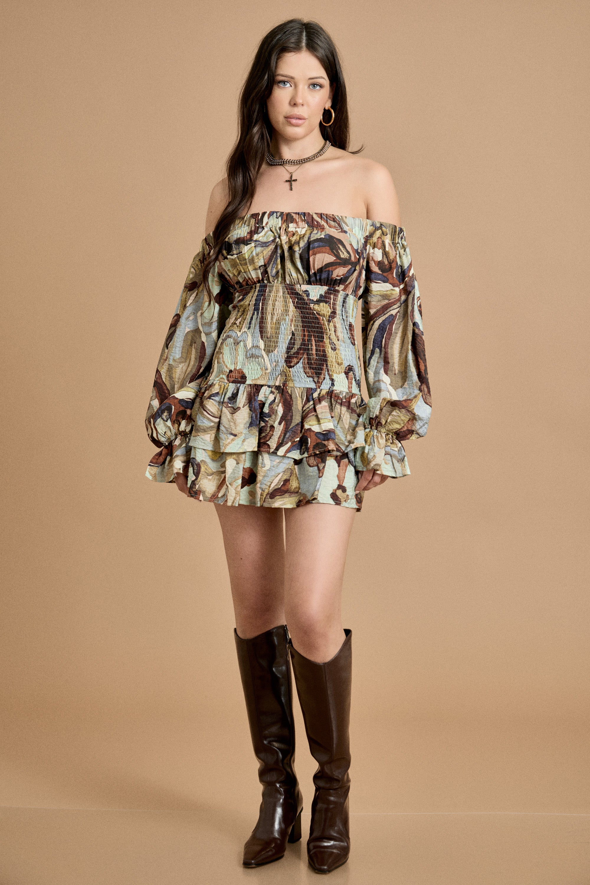 Fall Off-Shoulder Smocked Ruffle Mini Dress