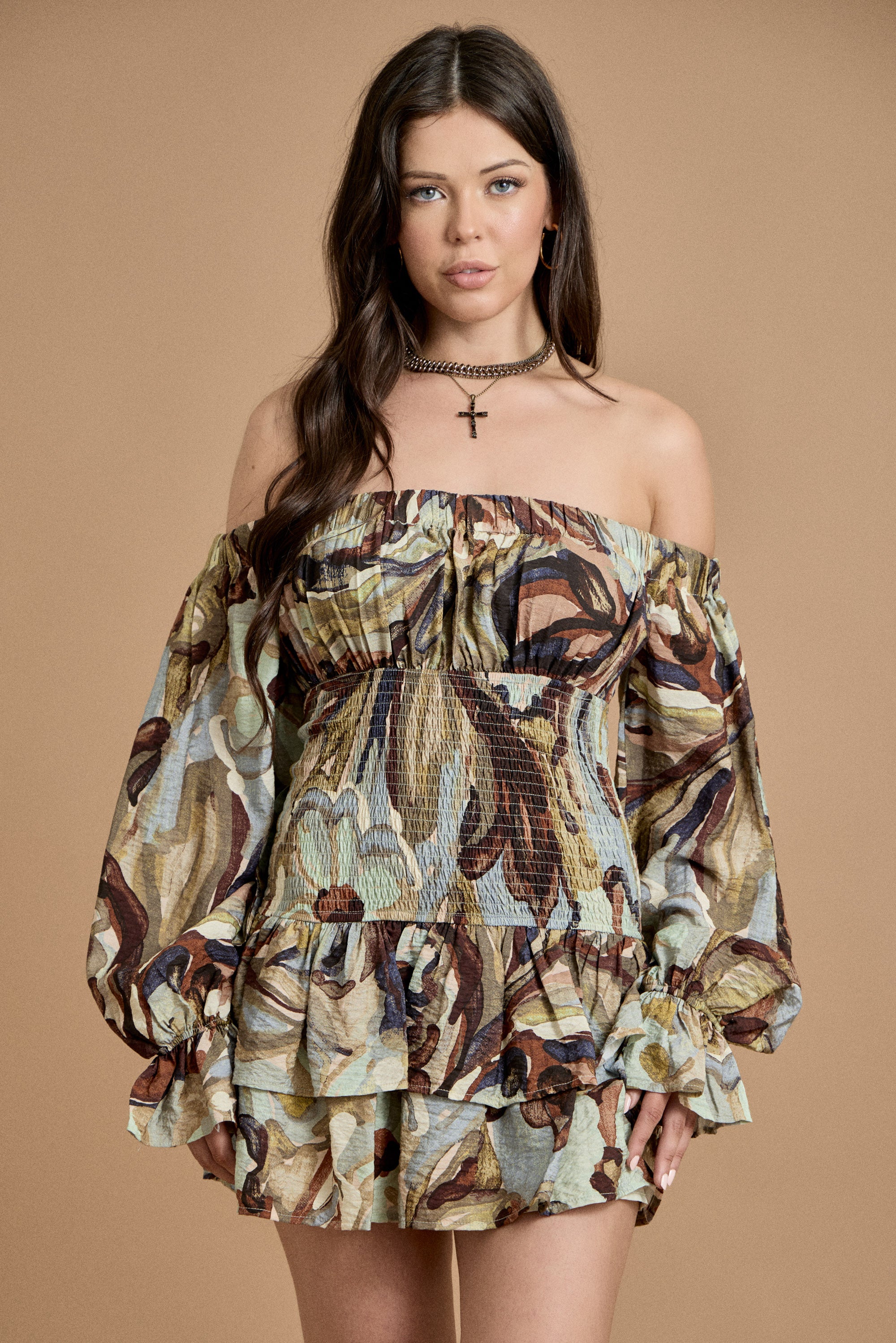 Fall Off-Shoulder Smocked Ruffle Mini Dress