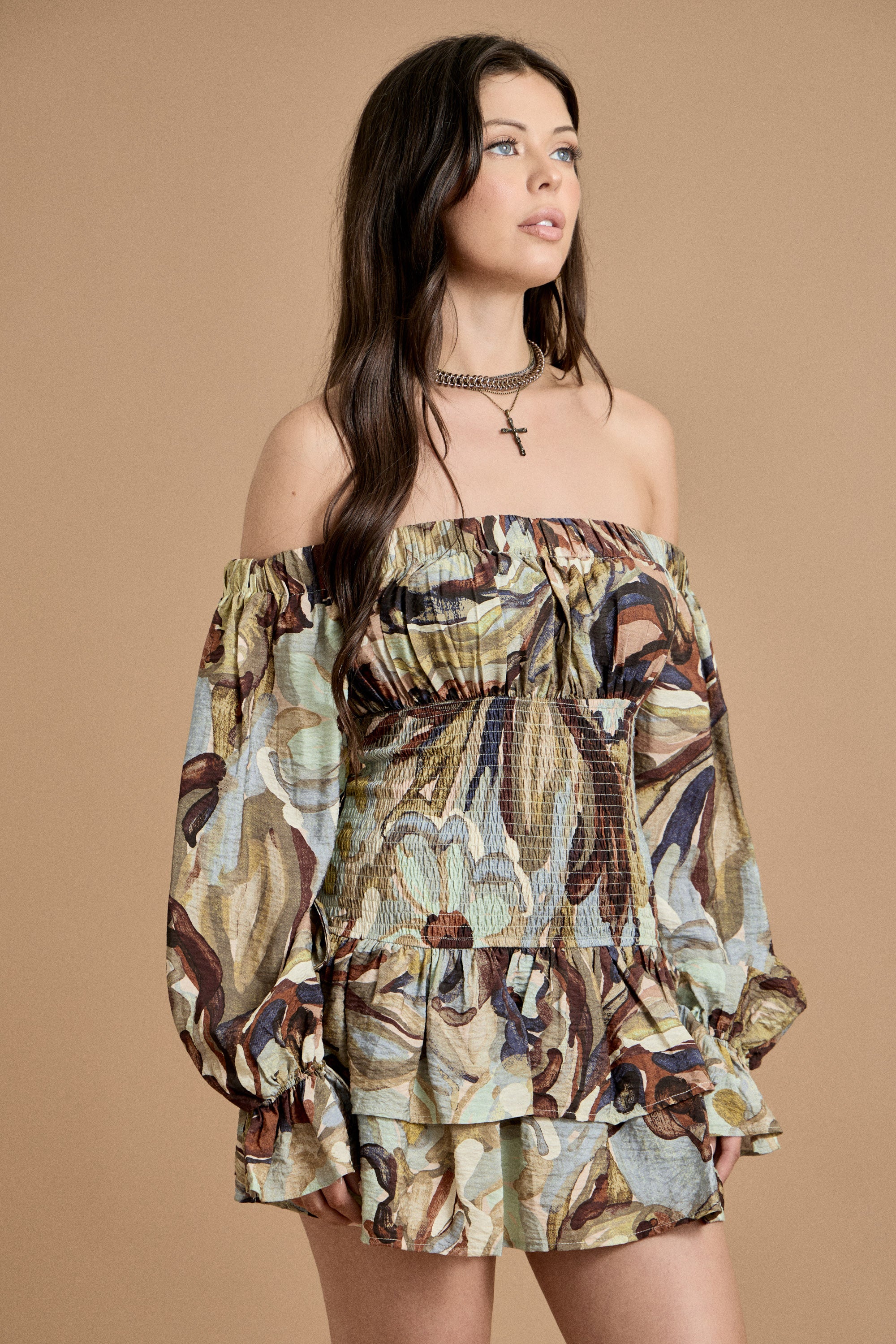Fall Off-Shoulder Smocked Ruffle Mini Dress