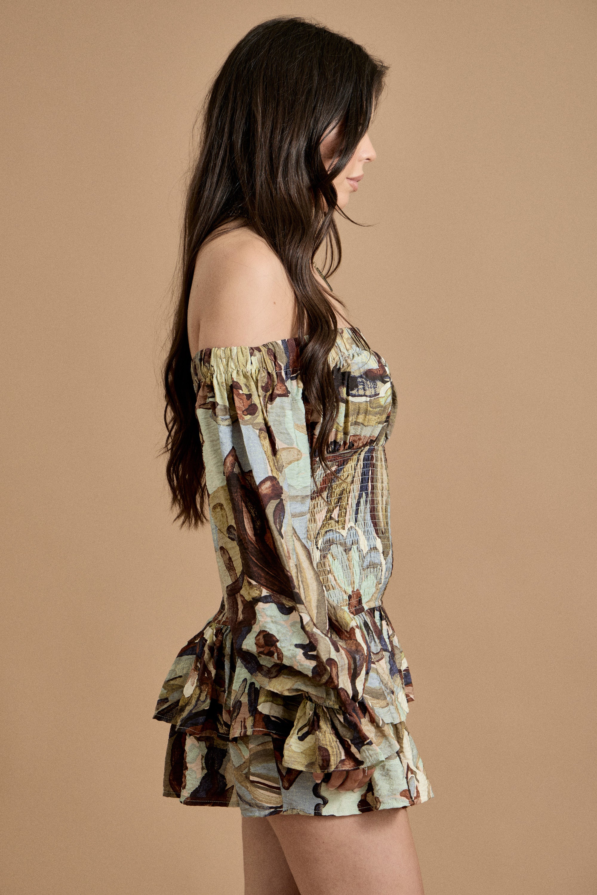 Fall Off-Shoulder Smocked Ruffle Mini Dress