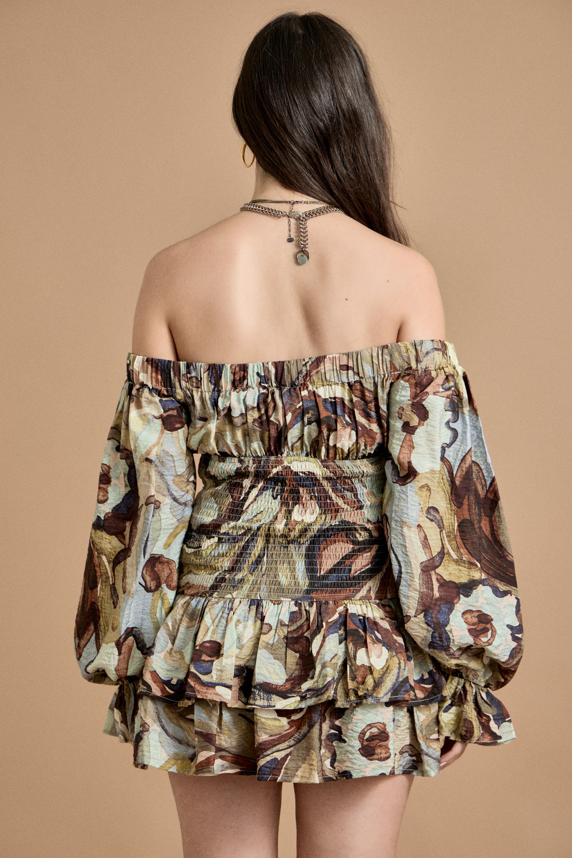 Fall Off-Shoulder Smocked Ruffle Mini Dress