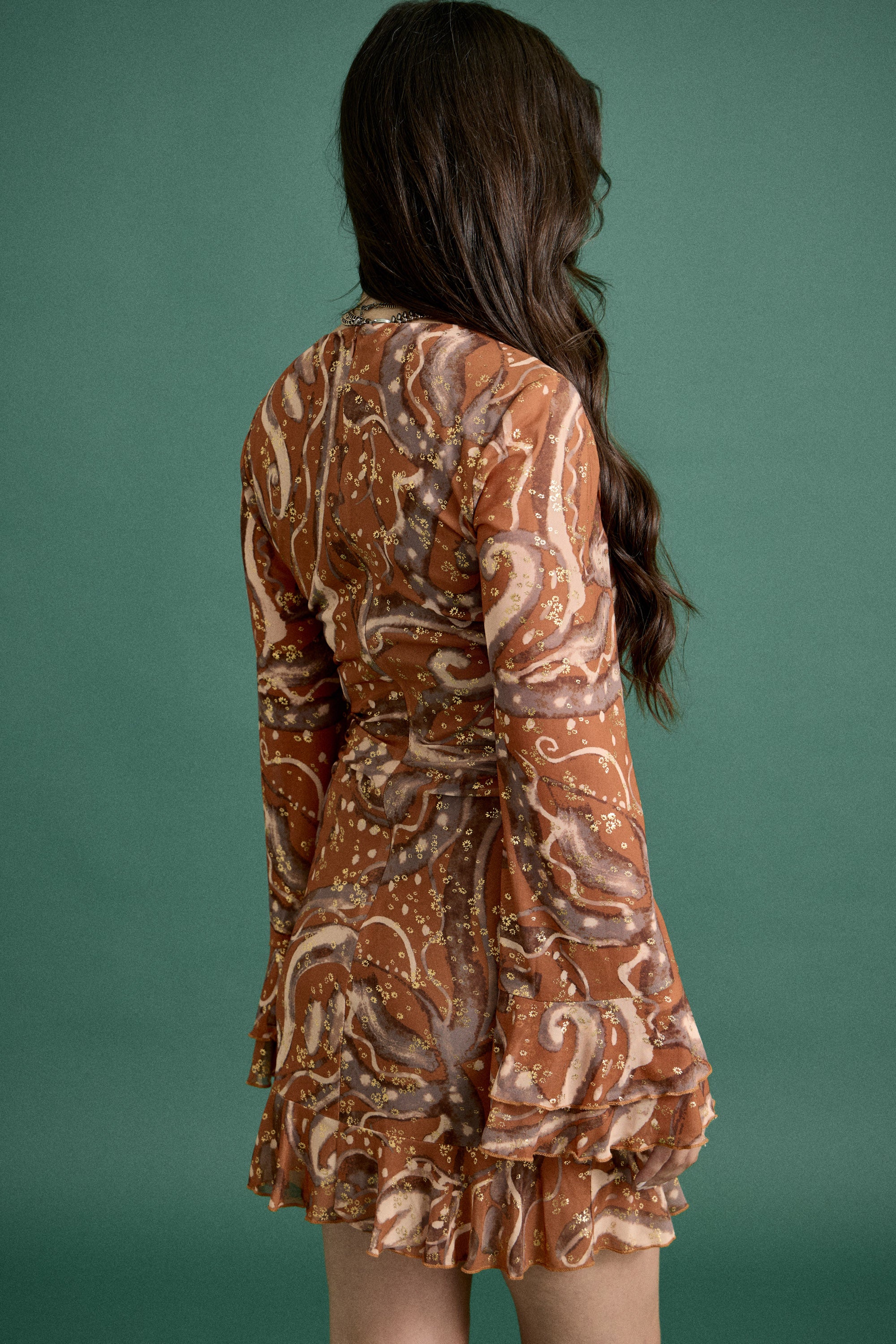 Fall Keyhole Tie Front Ruffle Mini Dress