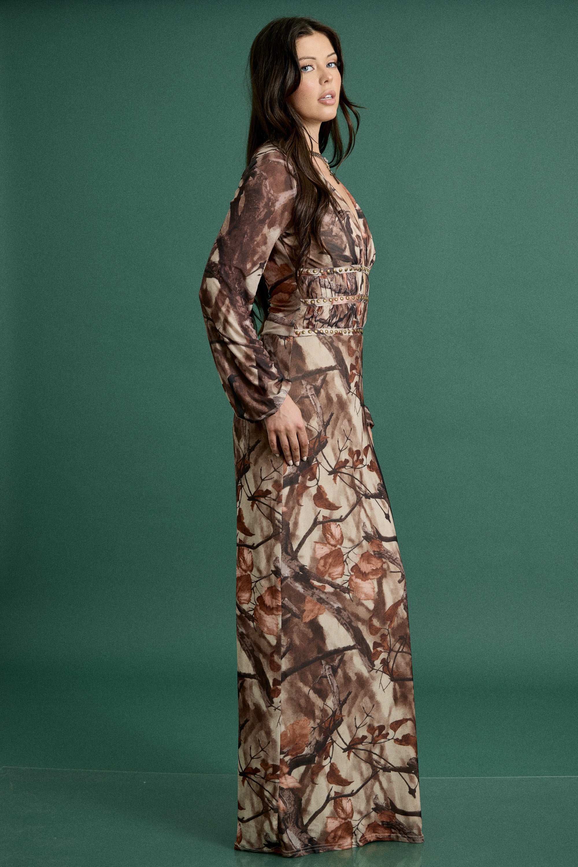 Fall Woodland Print Plunge Maxi Dress
