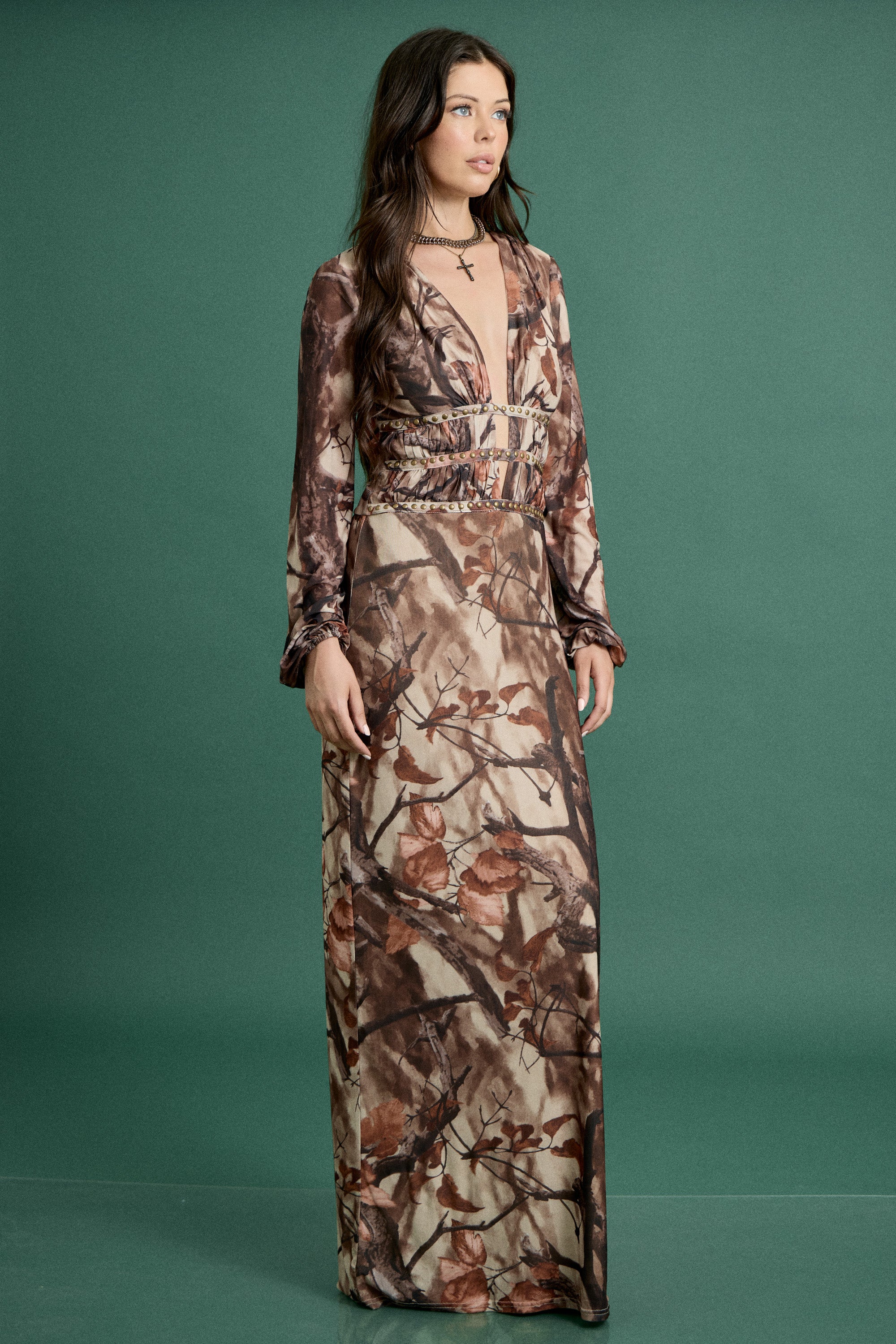 Fall Woodland Print Plunge Maxi Dress