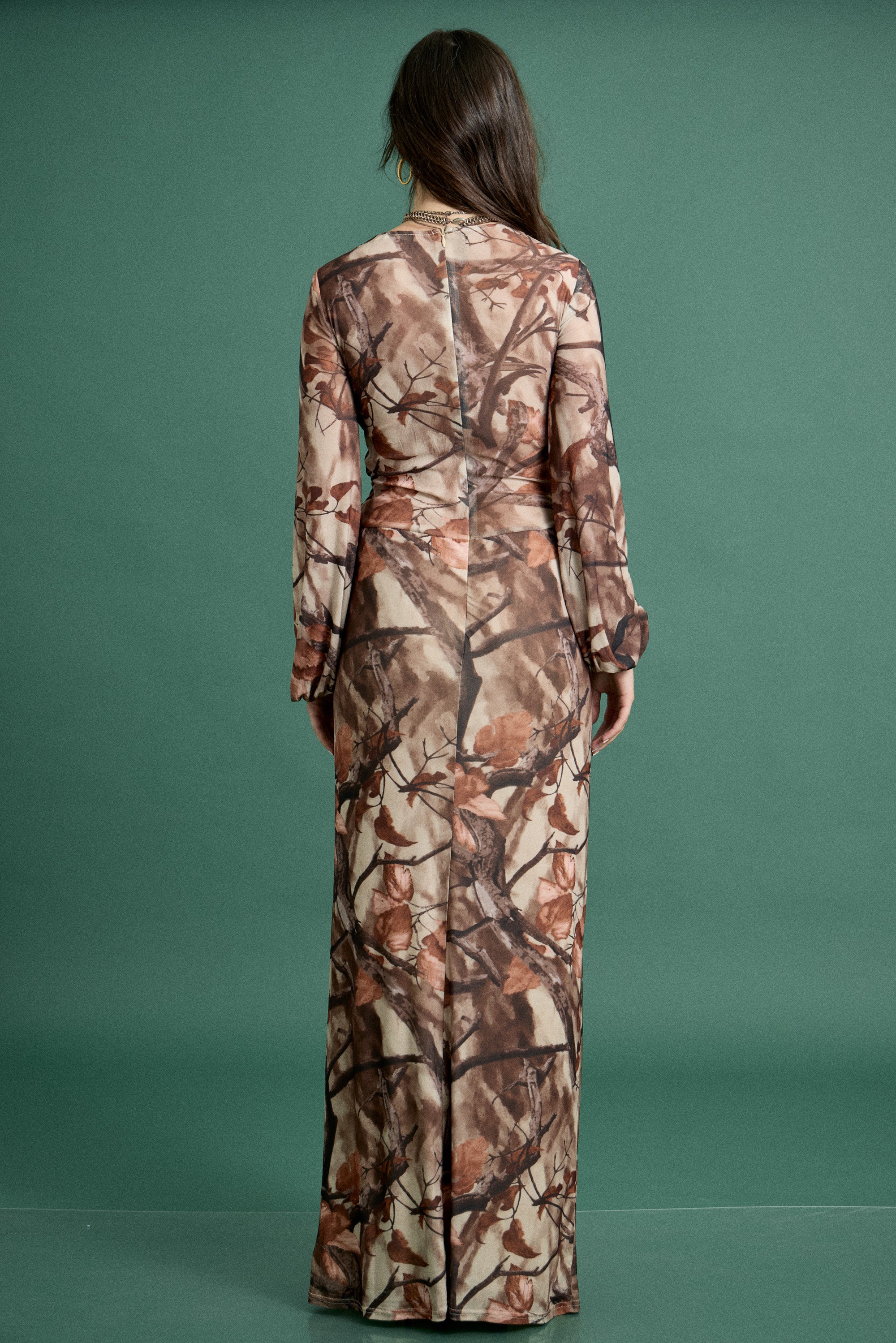 Fall Woodland Print Plunge Maxi Dress
