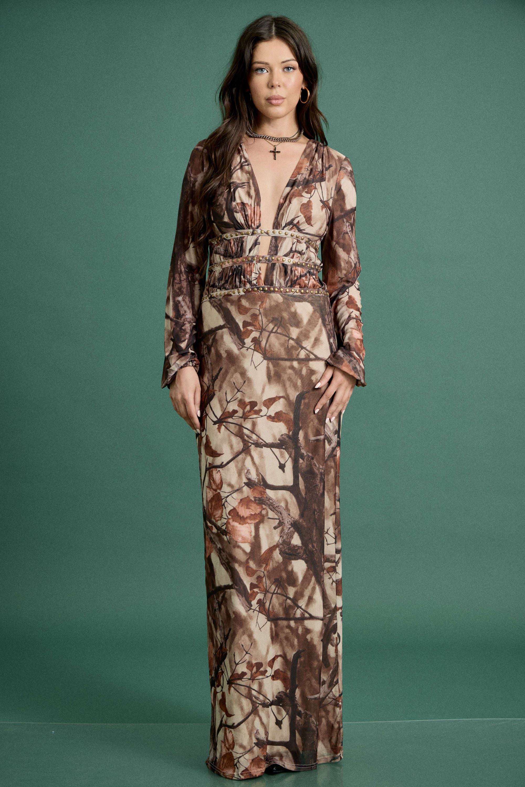 Fall Woodland Print Plunge Maxi Dress