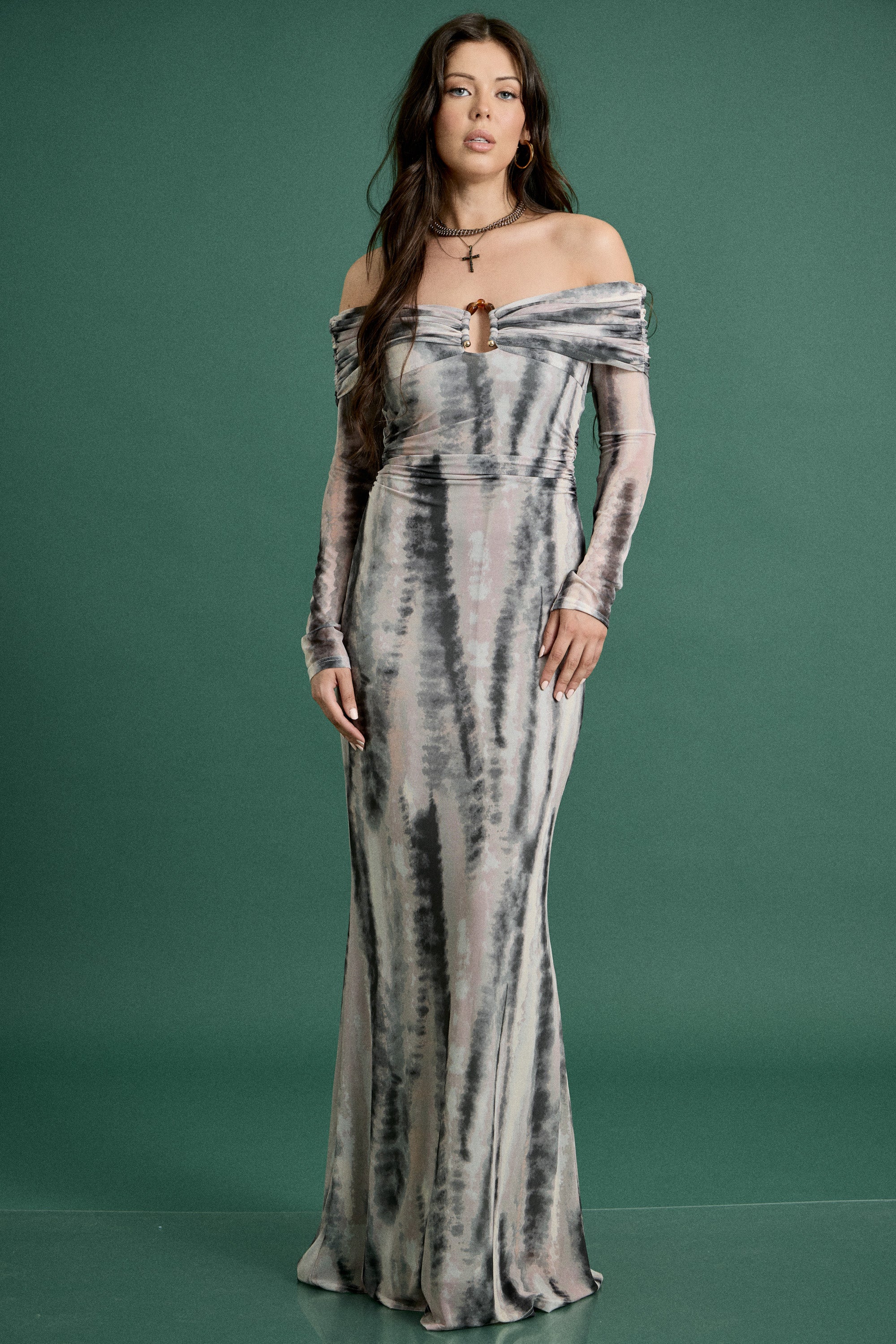 Fall Off-Shoulder Tie-Dye Maxi Dress