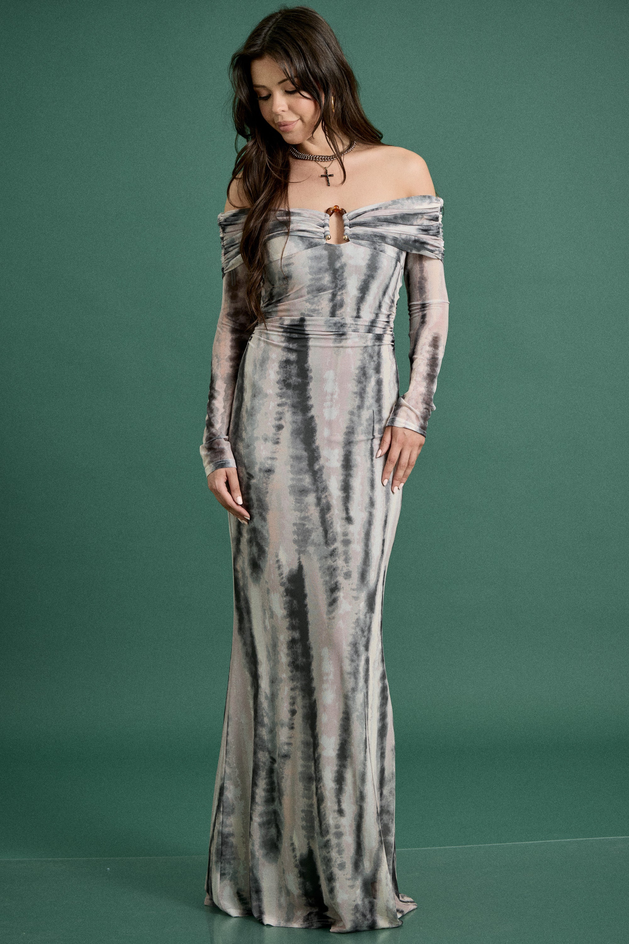 Fall Off-Shoulder Tie-Dye Maxi Dress