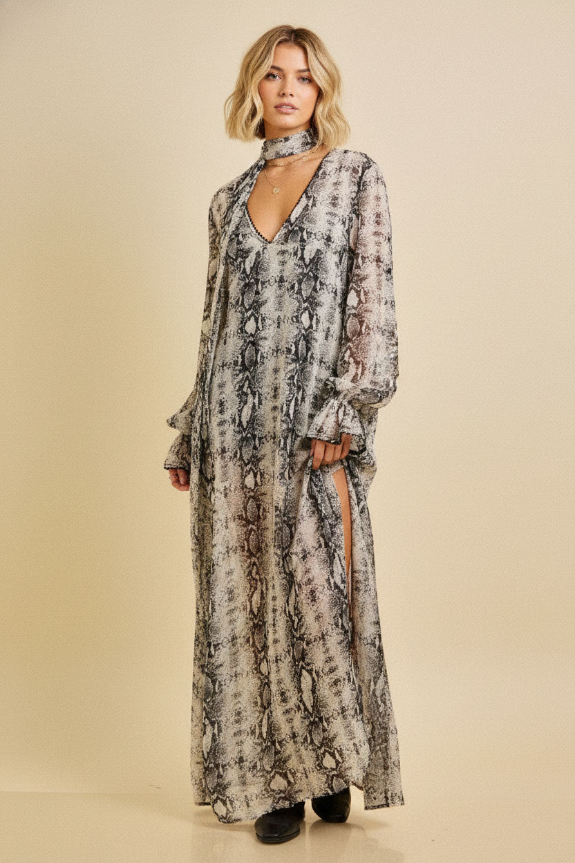 Snake Print Spring Maxi Dress with Scarf