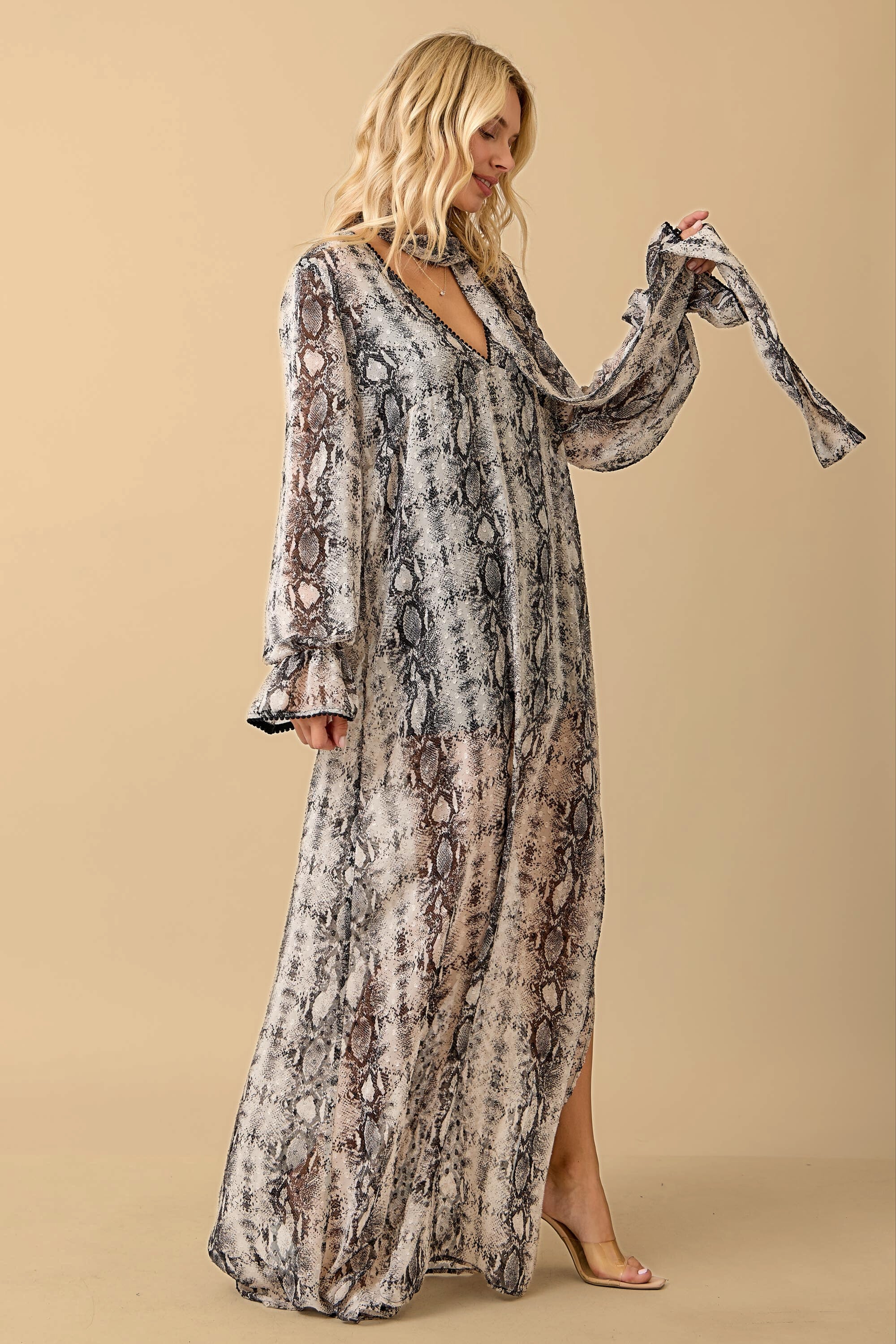 Snake Print Maxi Dress with Scarf