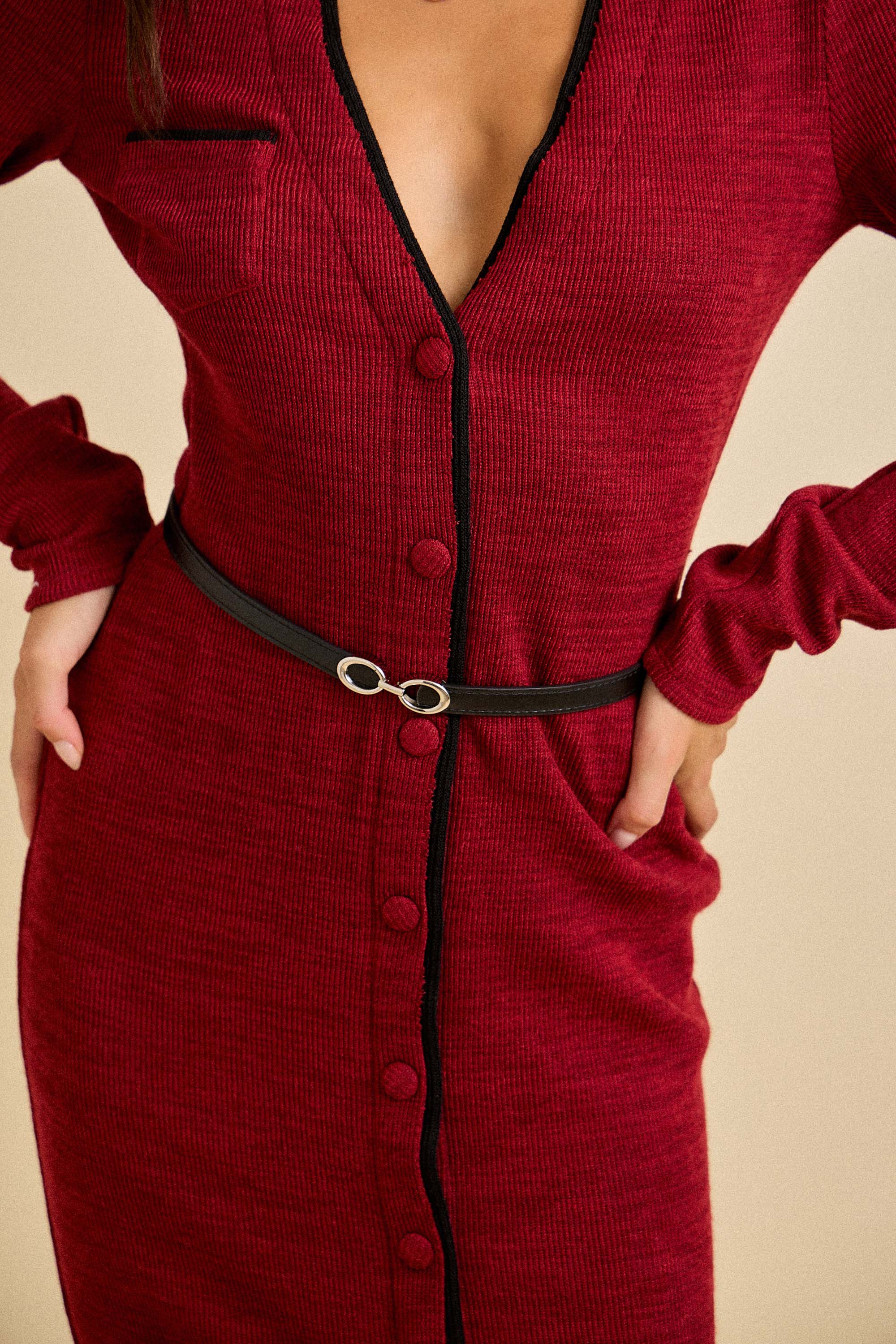Contrast Trim Knit Button Midi Dress