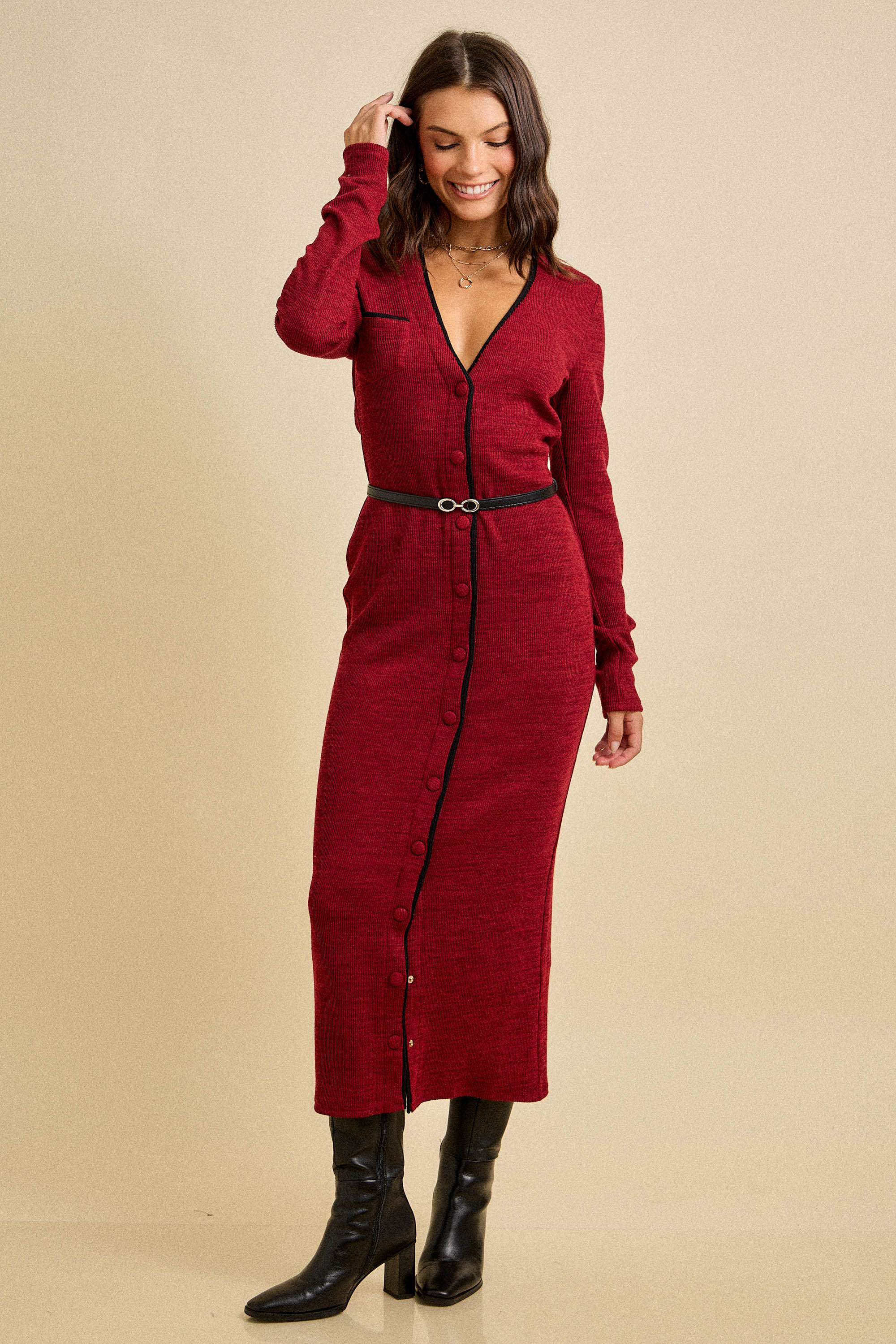 Contrast Trim Knit Button Midi Dress