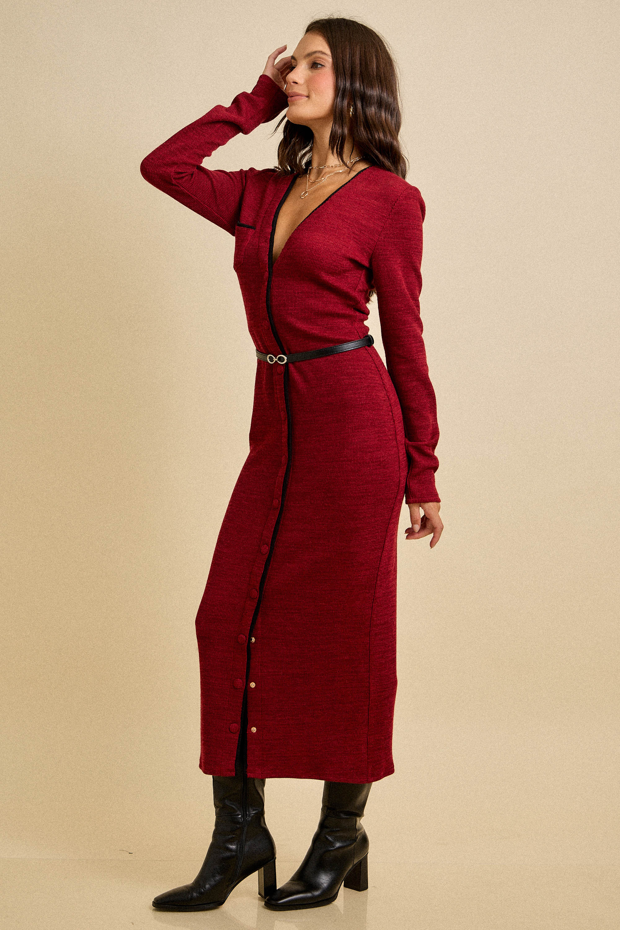 Contrast Trim Knit Button Midi Dress