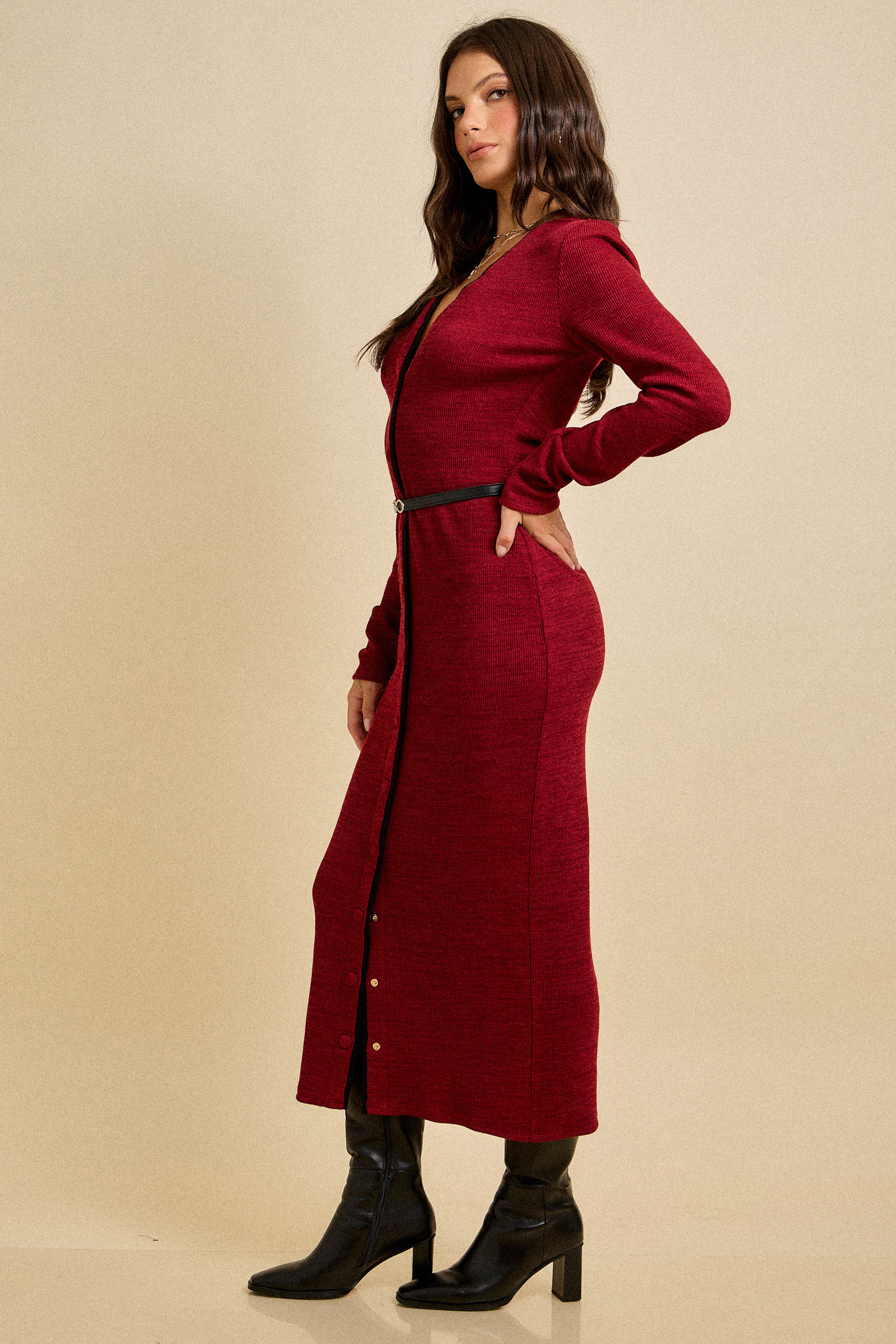 Contrast Trim Knit Button Midi Dress