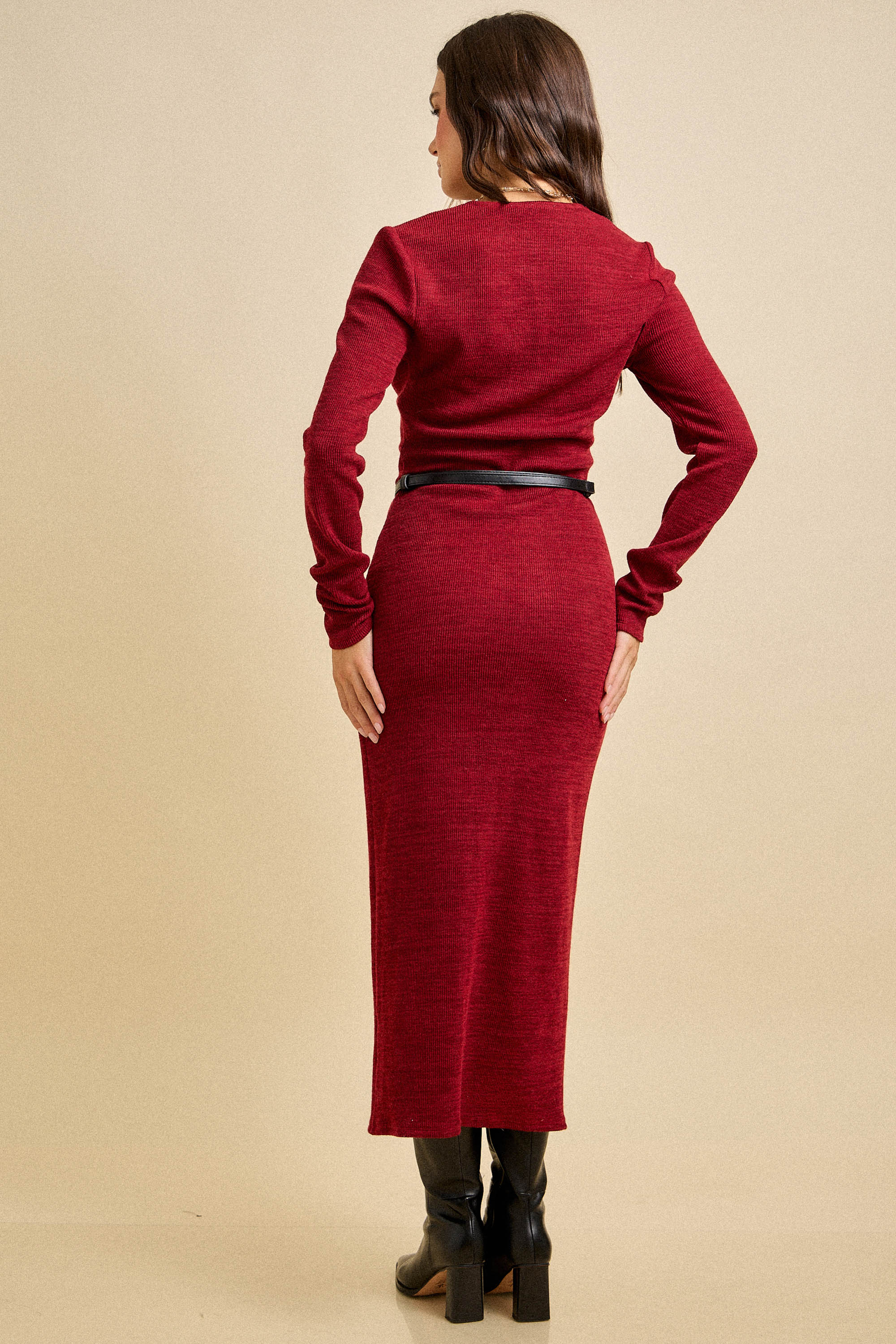 Contrast Trim Knit Button Midi Dress