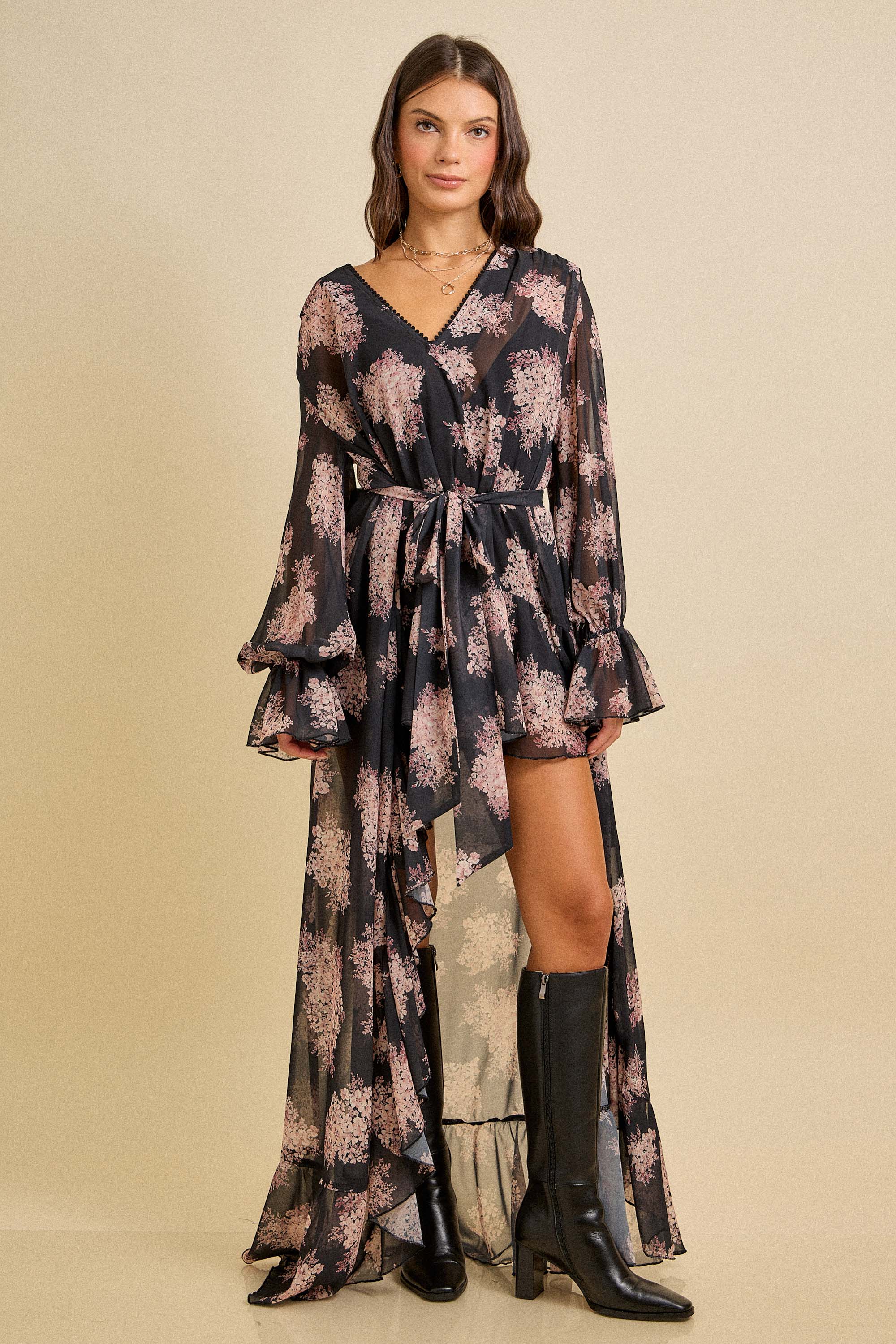 Spring Floral Ruffle High-Low Dress with Scarf Tie