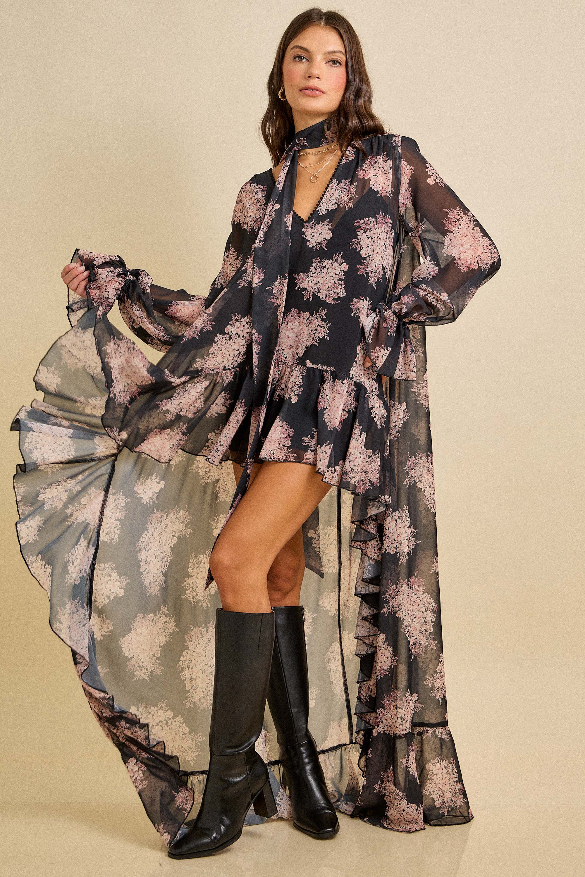 Spring Floral Ruffle High-Low Dress with Scarf Tie