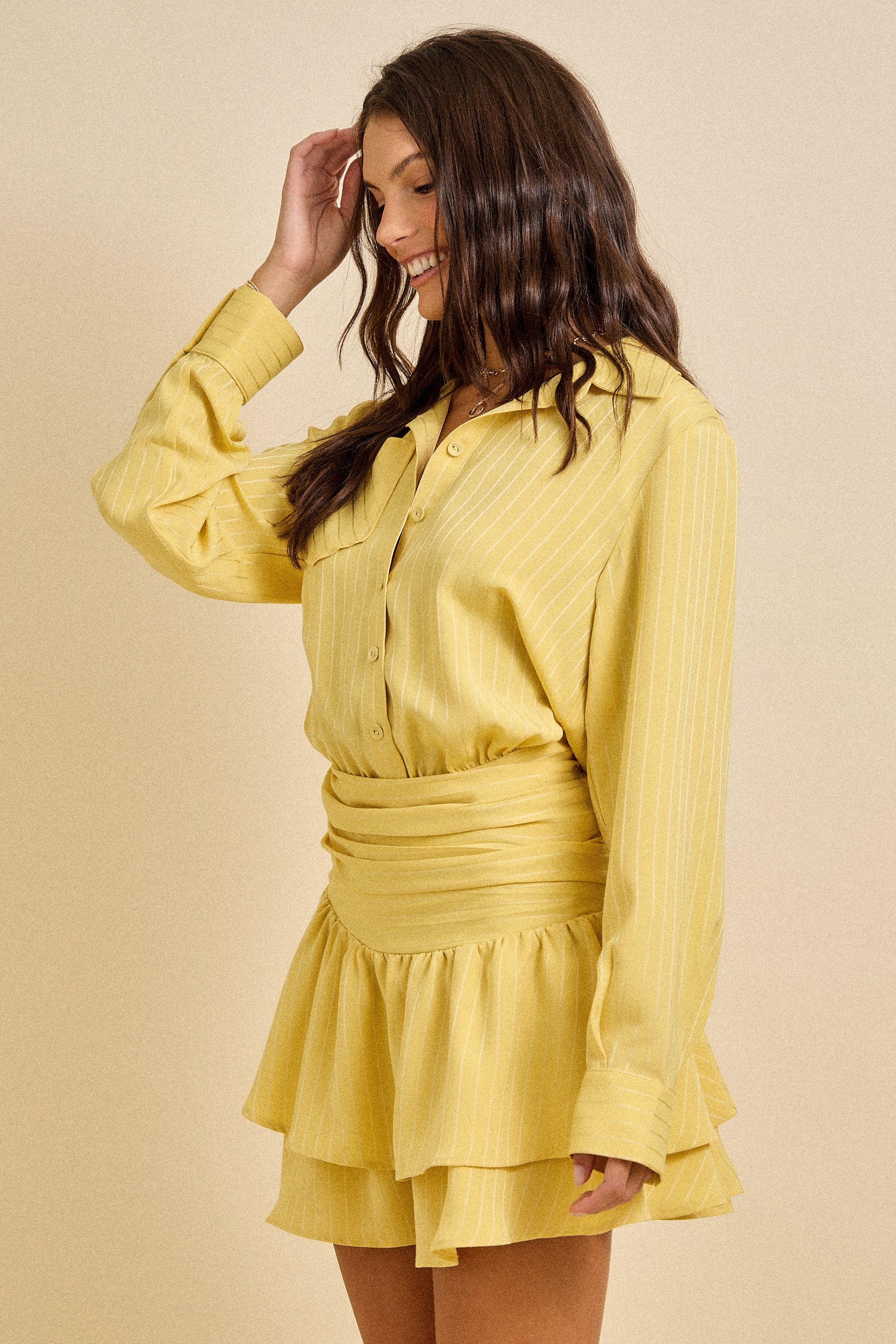 Spring Ruched Waist Ruffle Hem Shirt Dress