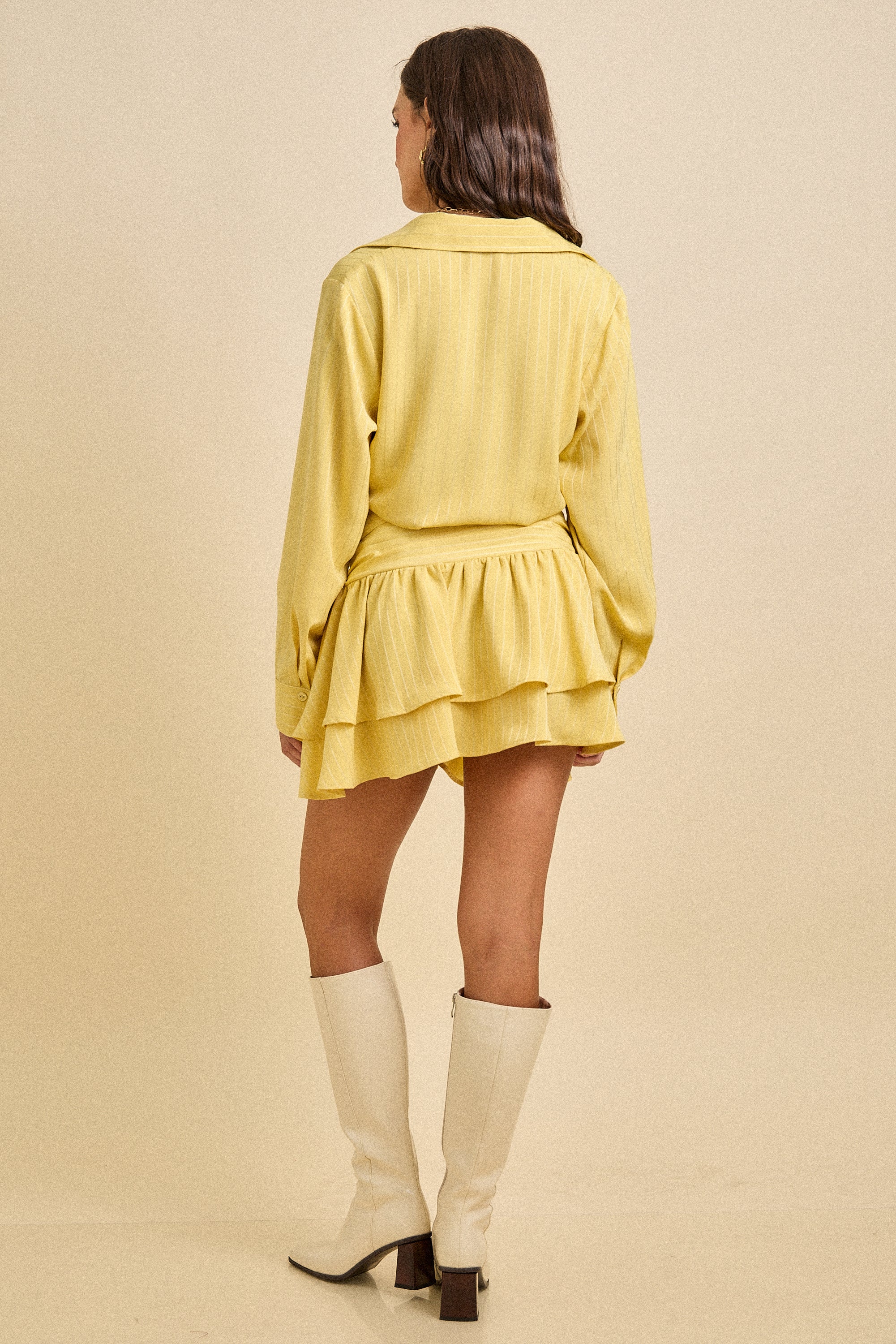 Spring Ruched Waist Ruffle Hem Shirt Dress