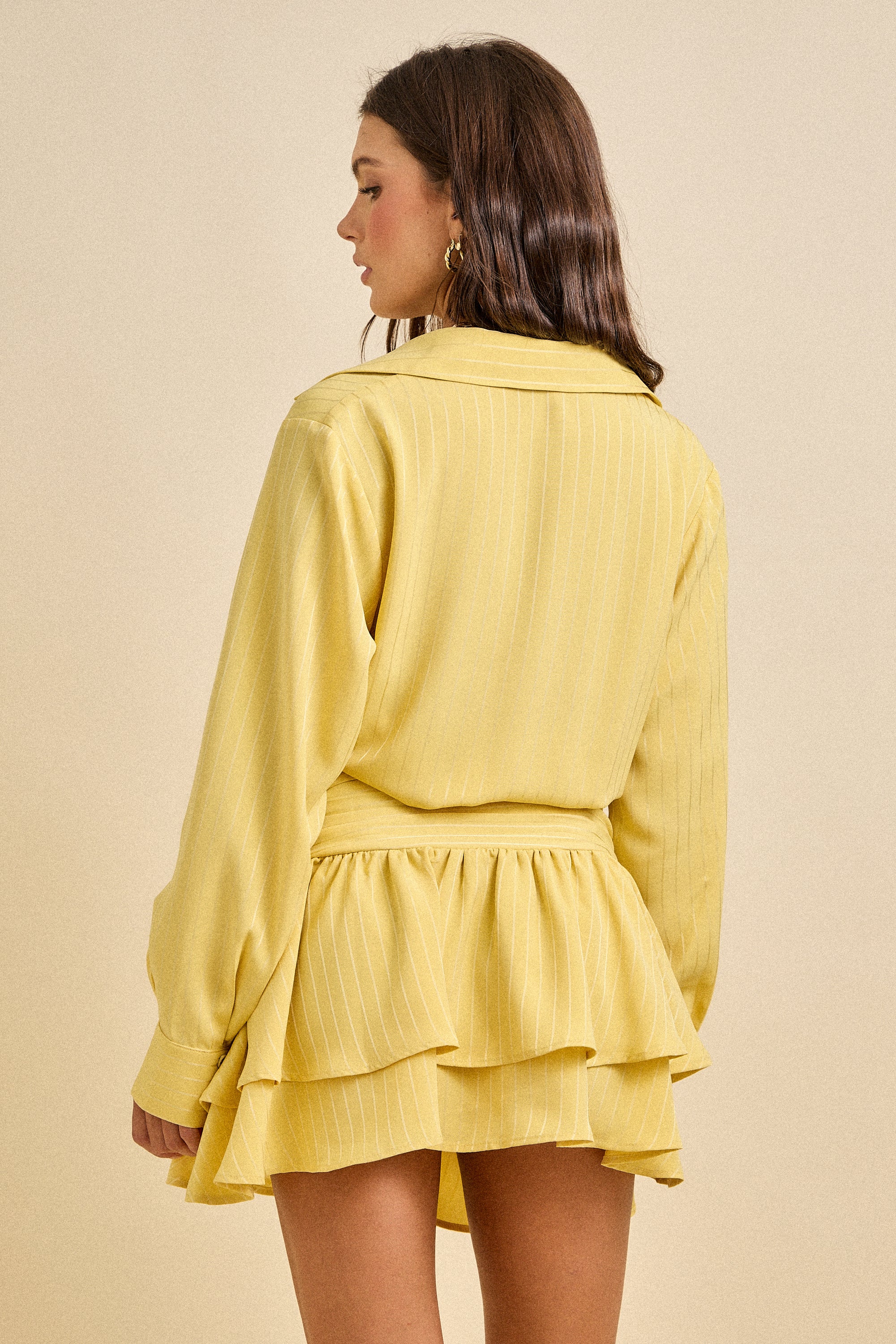 Spring Ruched Waist Ruffle Hem Shirt Dress