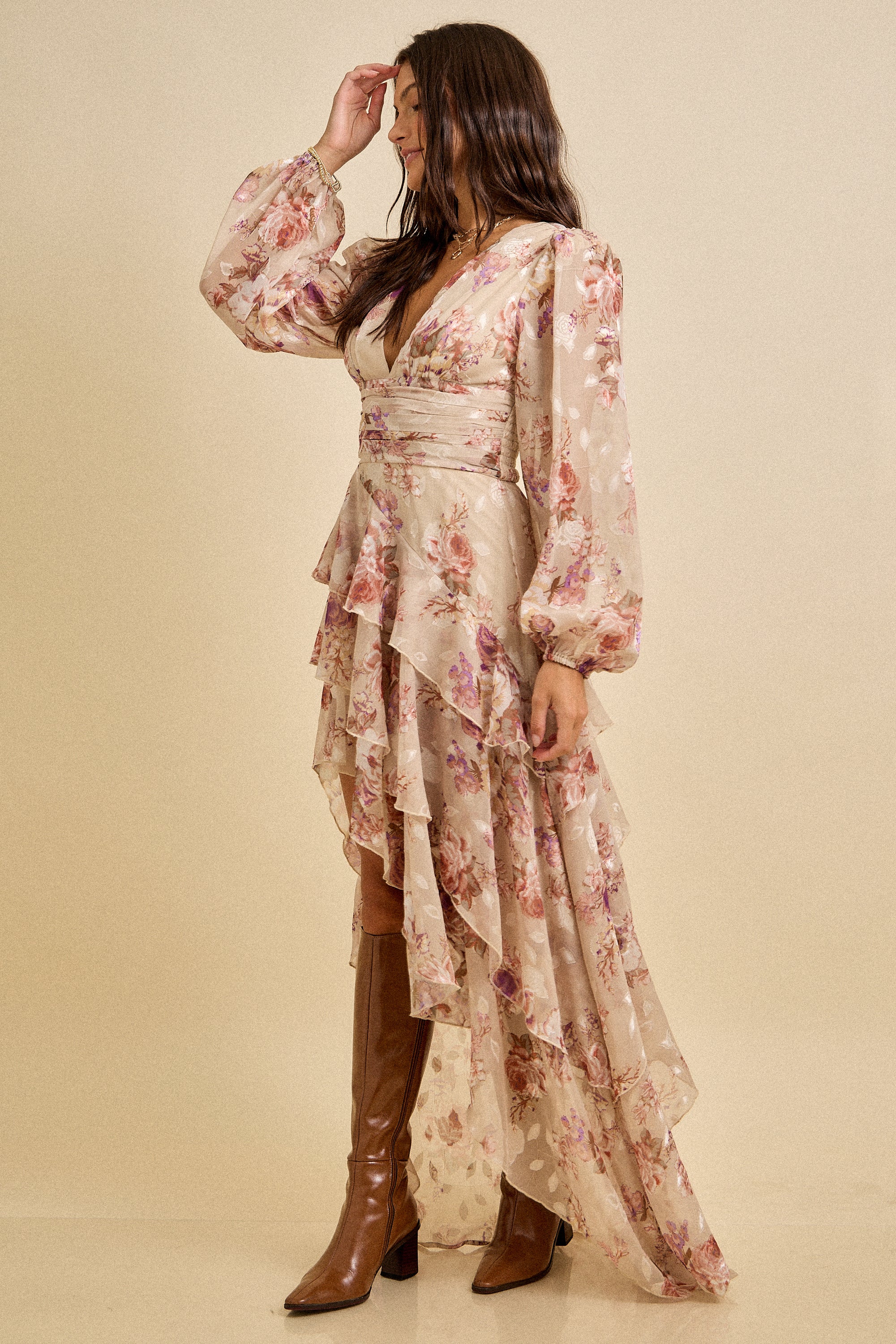 Spring Floral Chiffon Tiered High-Low Maxi Dress