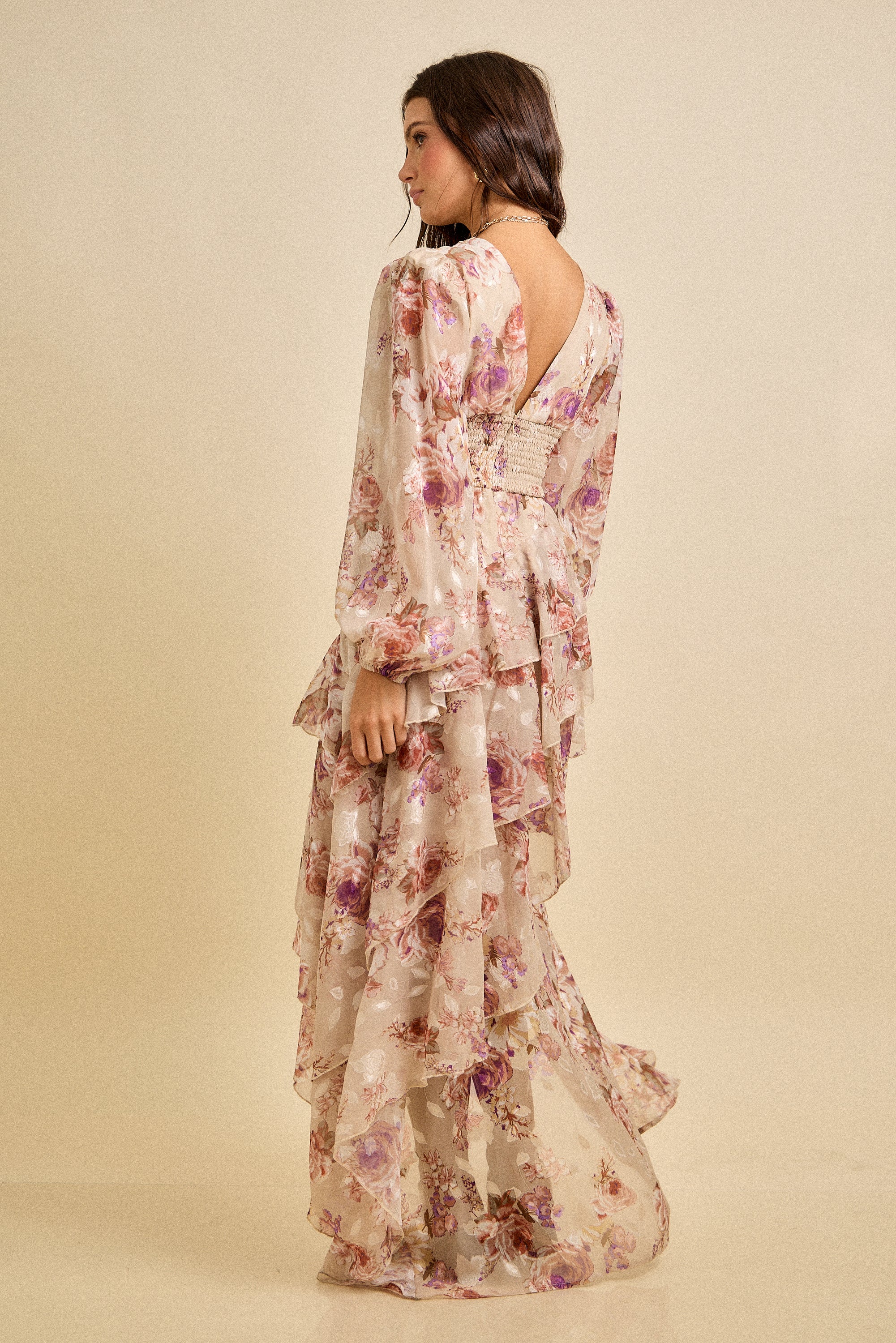 Spring Floral Chiffon Tiered High-Low Maxi Dress