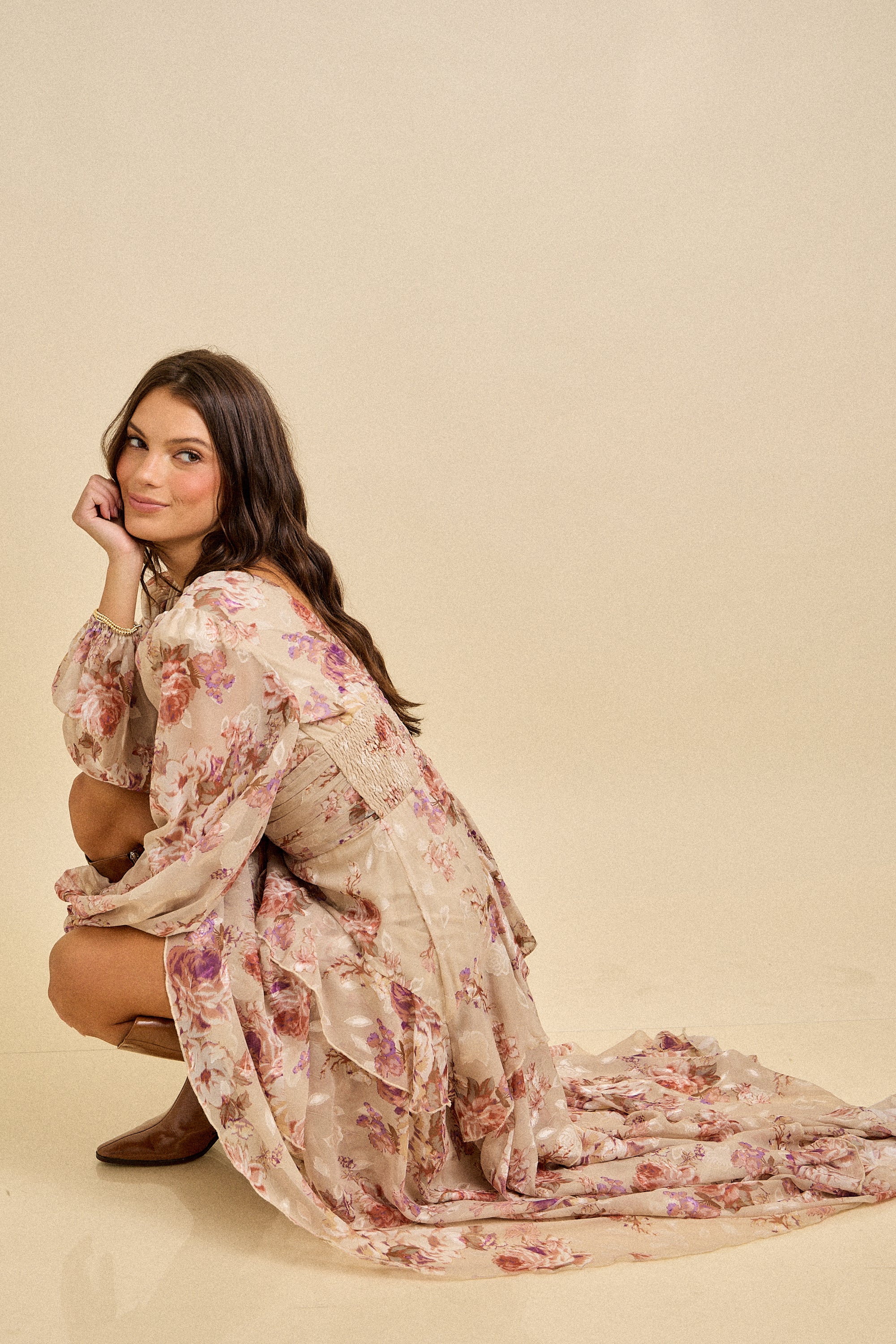 Spring Floral Chiffon Tiered High-Low Maxi Dress