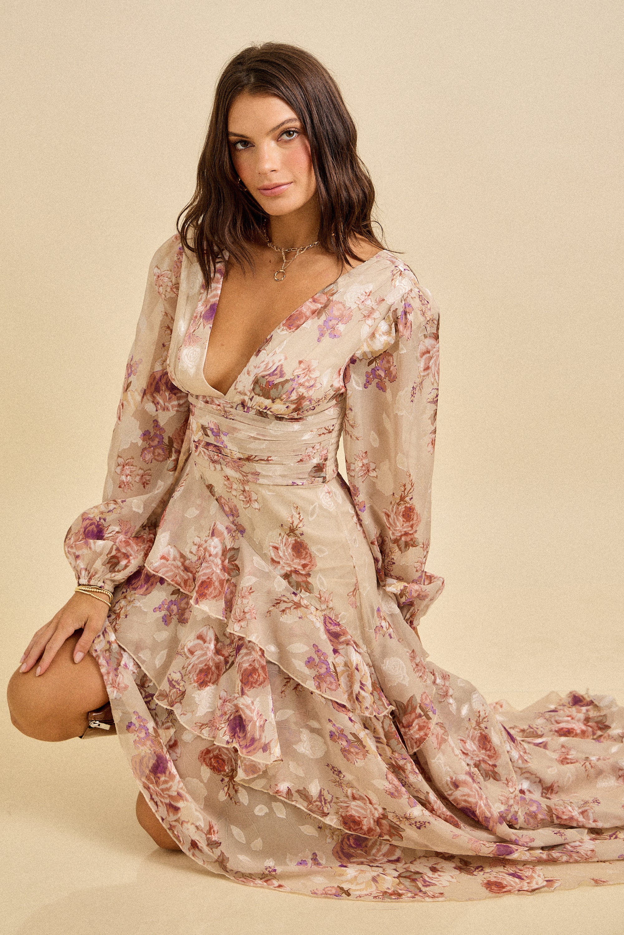 Spring Floral Chiffon Tiered High-Low Maxi Dress