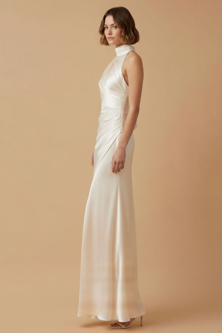 One Shoulder Satin Jersey Maxi Dress