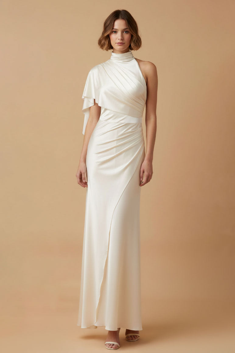 One Shoulder Satin Jersey Maxi Dress