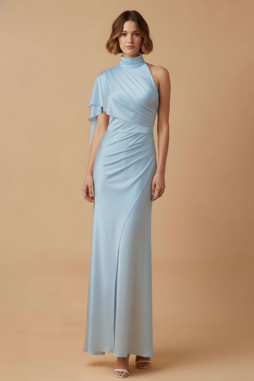 One Shoulder Satin Jersey Maxi Dress