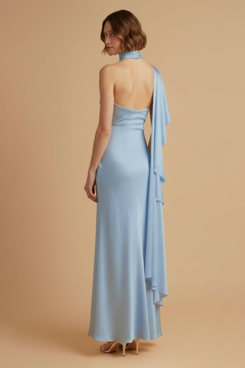 One Shoulder Satin Jersey Maxi Dress