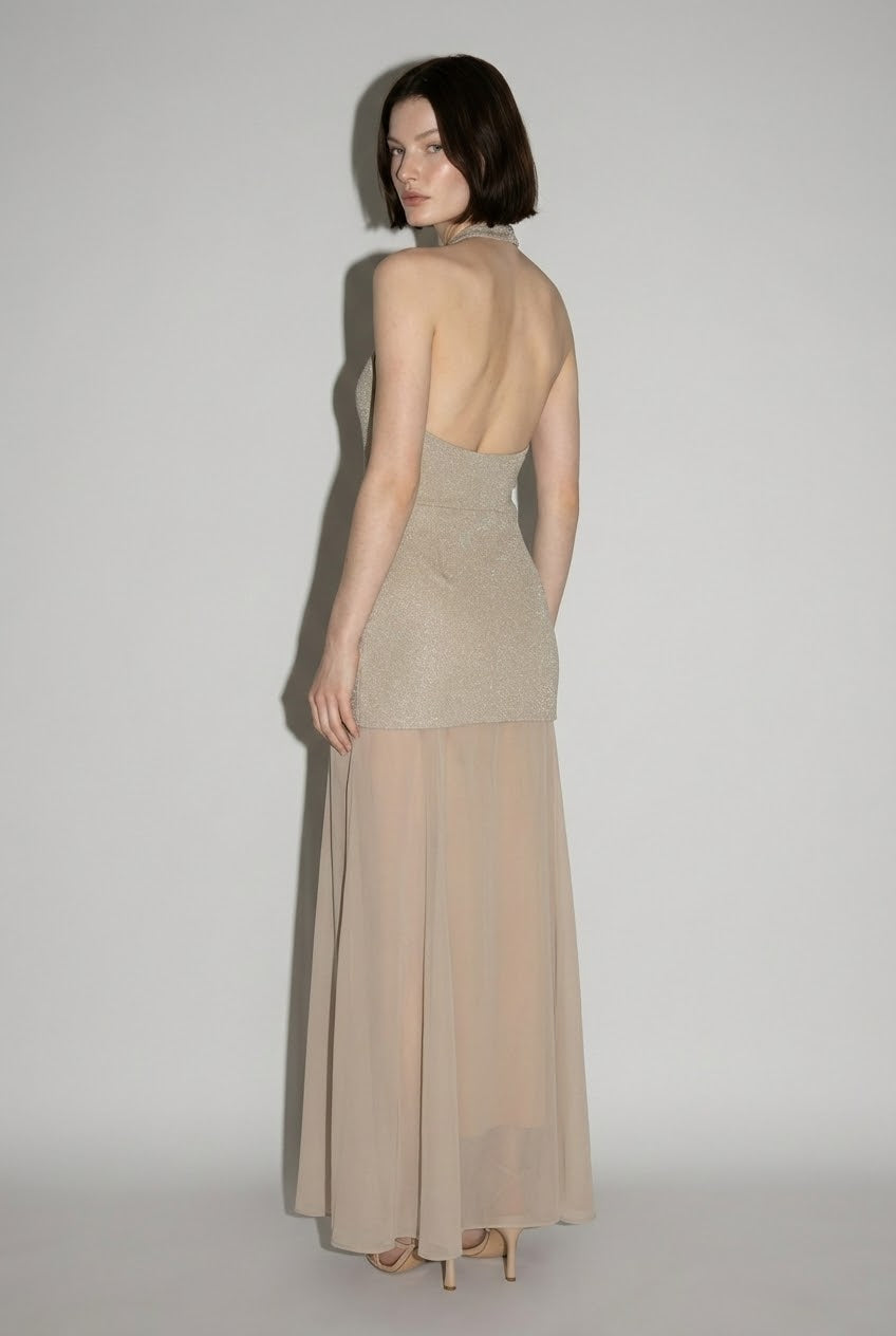 Champagne Gold Metallic Halter Maxi Dress