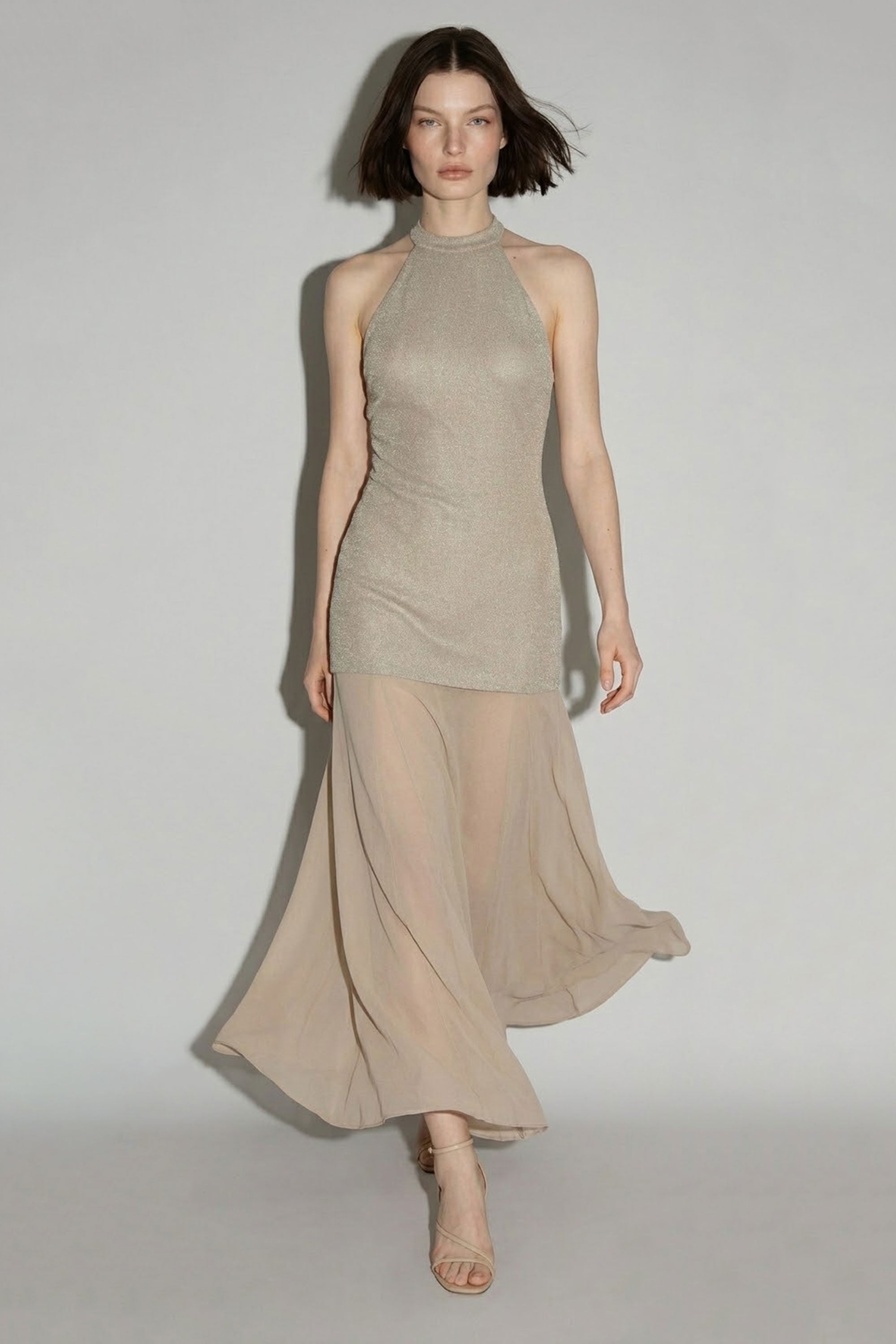 Champagne Gold Metallic Halter Maxi Dress