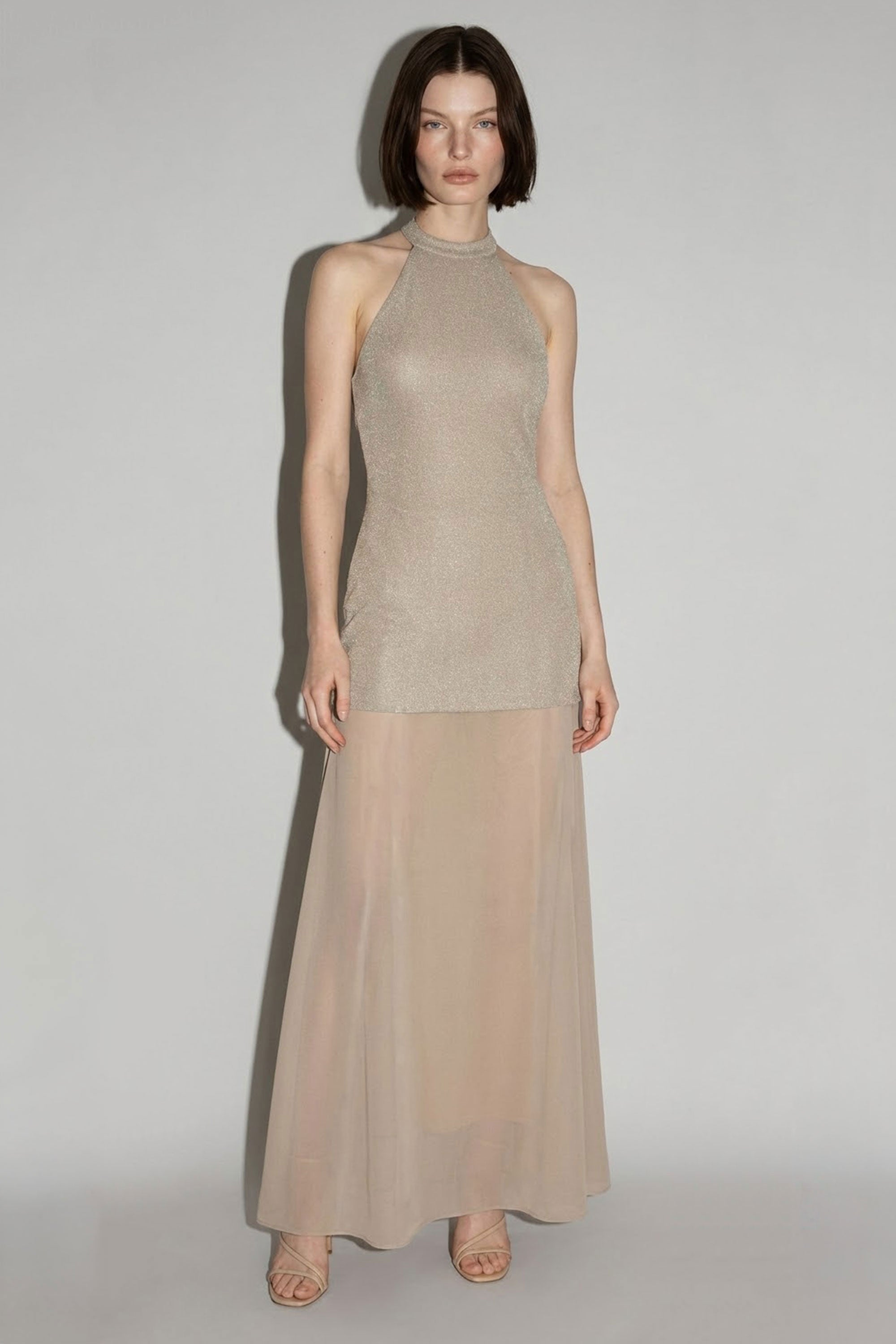 Champagne Gold Metallic Halter Maxi Dress